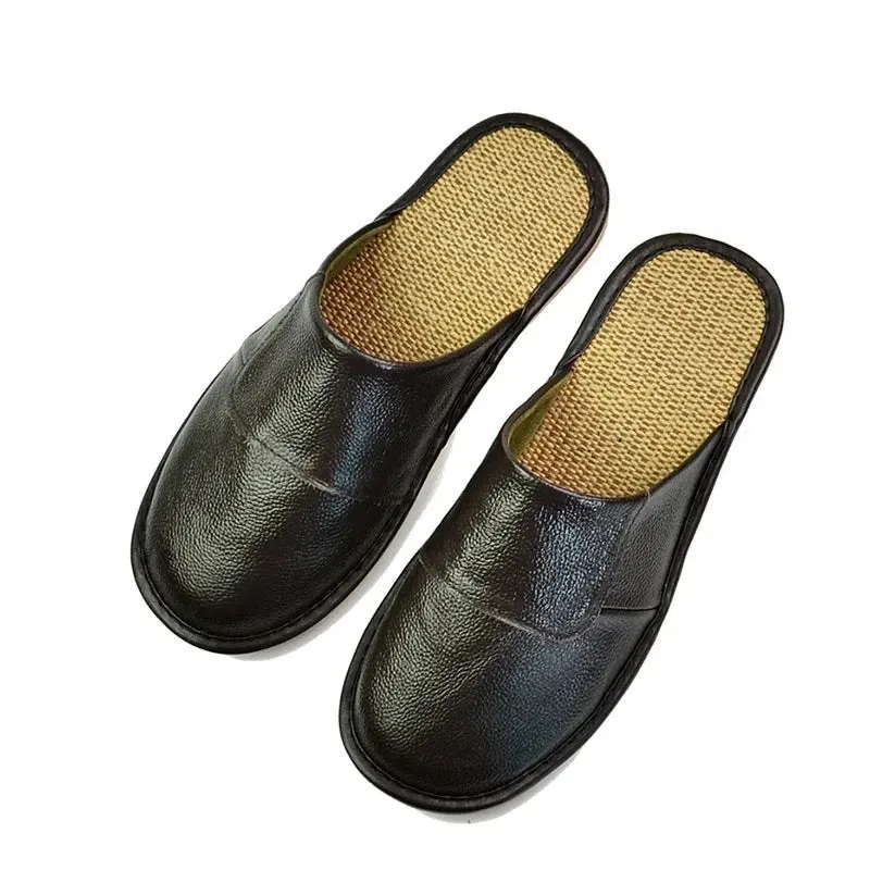 Men's Genuine Leather Home Slippers with Linen Bottom - Indoor Flat