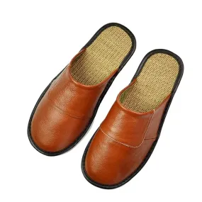 Men's Genuine Leather Home Slippers with Linen Bottom - Indoor Flat