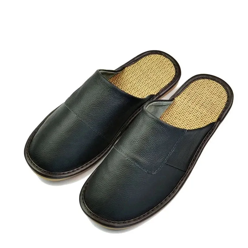 Men's Genuine Leather Home Slippers with Linen Bottom - Indoor Flat