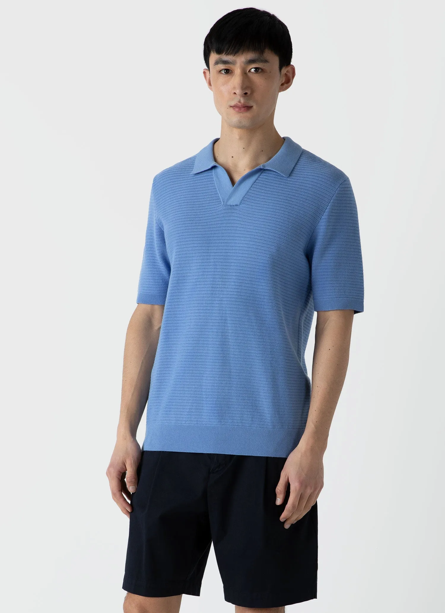 Men's Open Textured Polo Shirt in Cool Blue