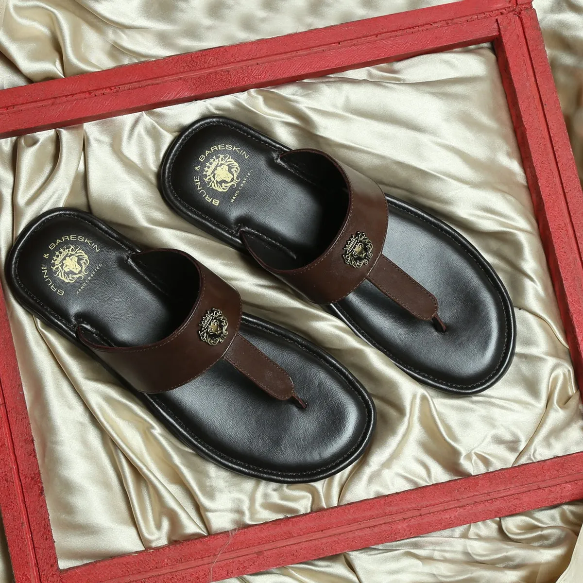 Men's T-Strap Slide-in Slippers with Black-Brown Leather Strap