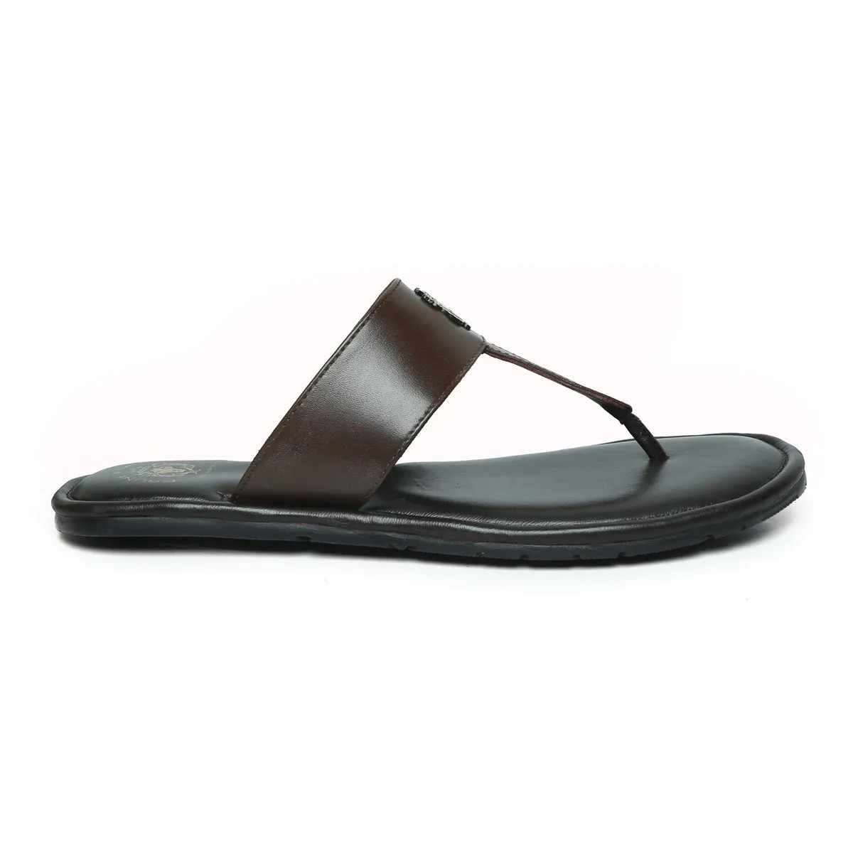 Men's T-Strap Slide-in Slippers with Black-Brown Leather Strap