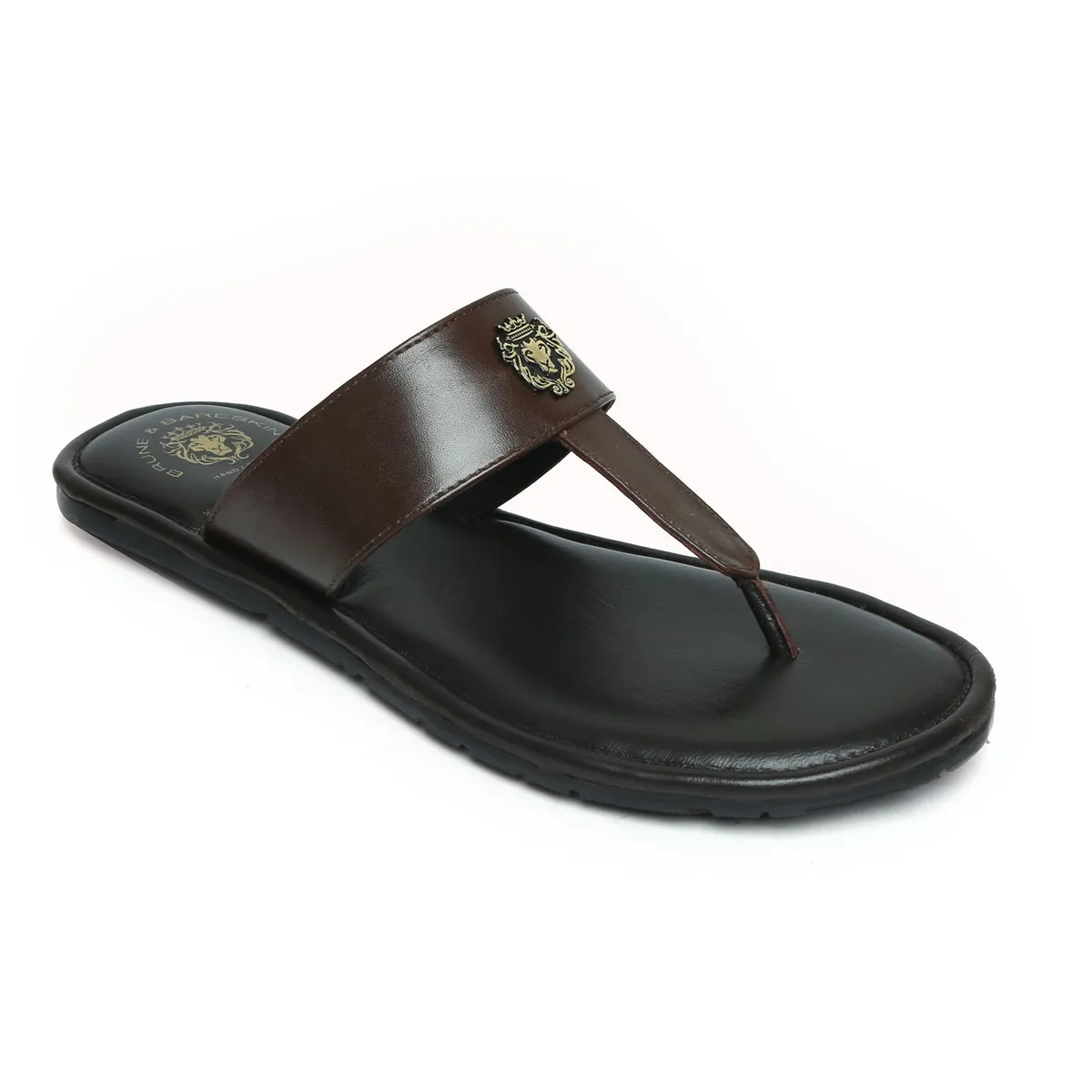 Men's T-Strap Slide-in Slippers with Black-Brown Leather Strap