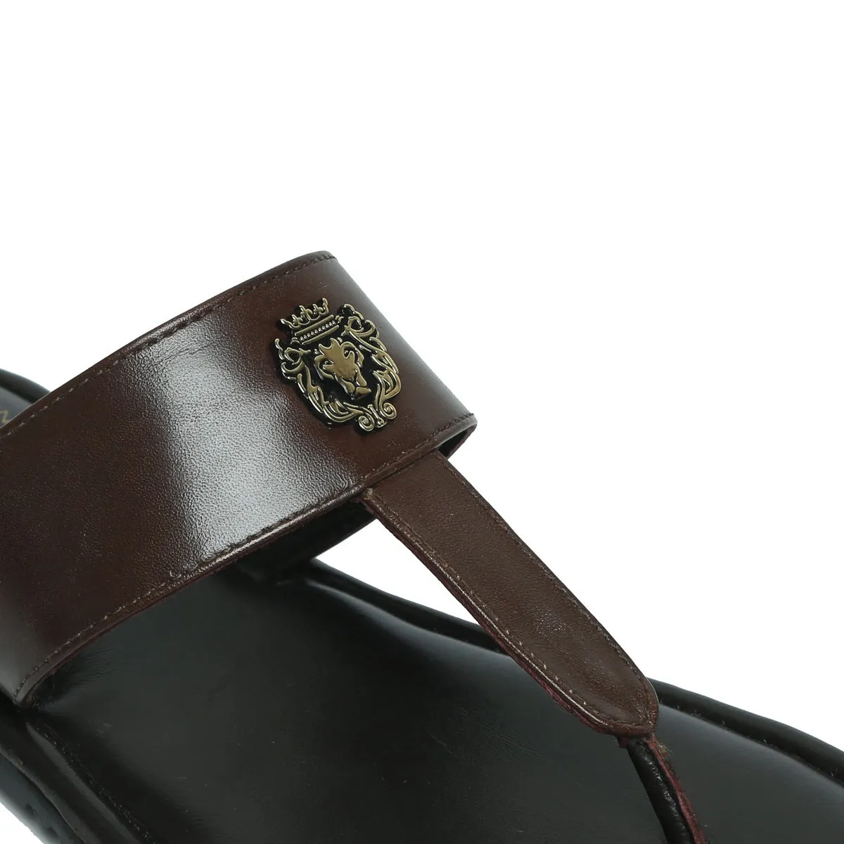 Men's T-Strap Slide-in Slippers with Black-Brown Leather Strap