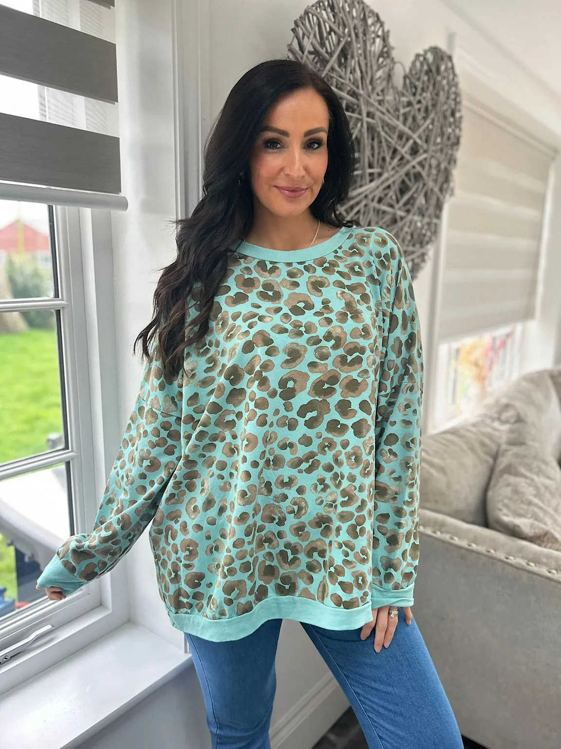 Mint Leopard Print Sweatshirt Kirsty - Top Trendy Women's Clothing Today