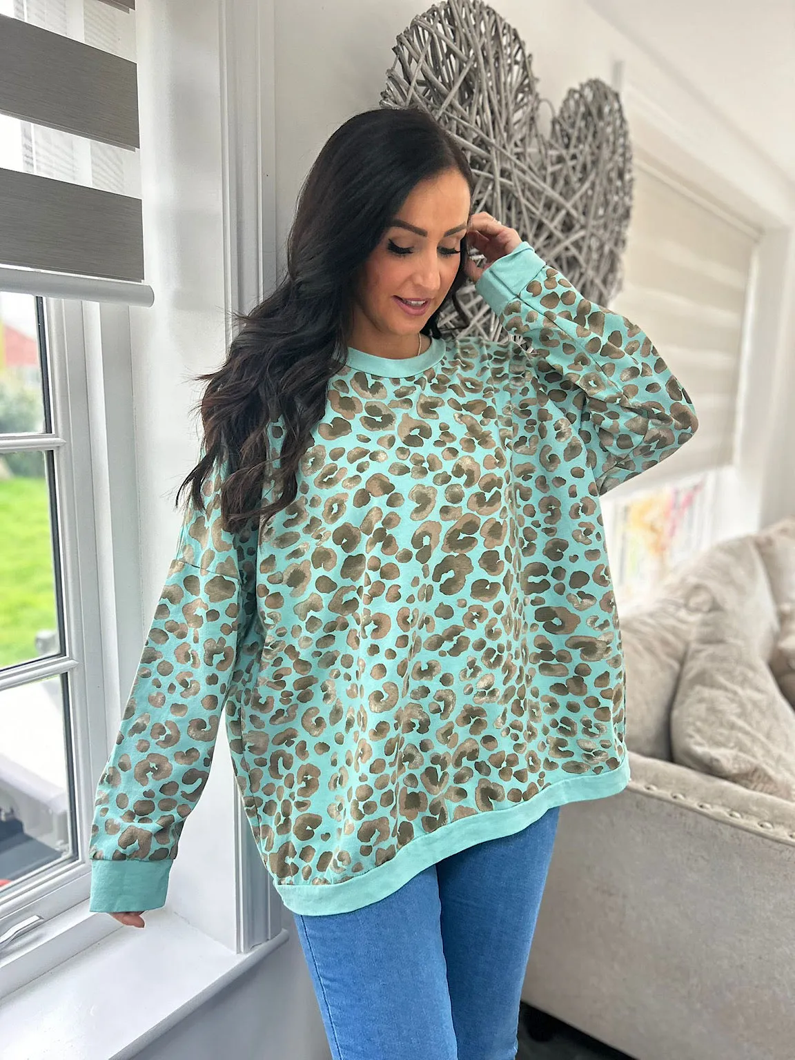 Mint Leopard Print Sweatshirt Kirsty - Top Trendy Women's Clothing Today