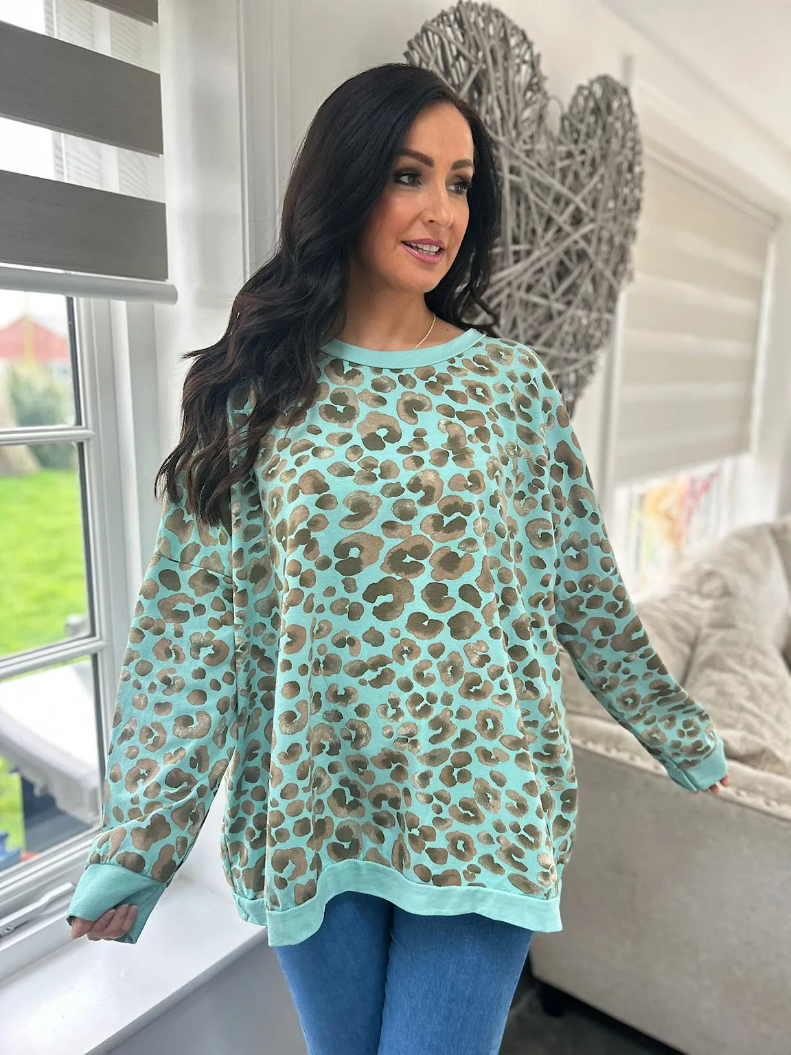 Mint Leopard Print Sweatshirt Kirsty - Top Trendy Women's Clothing Today