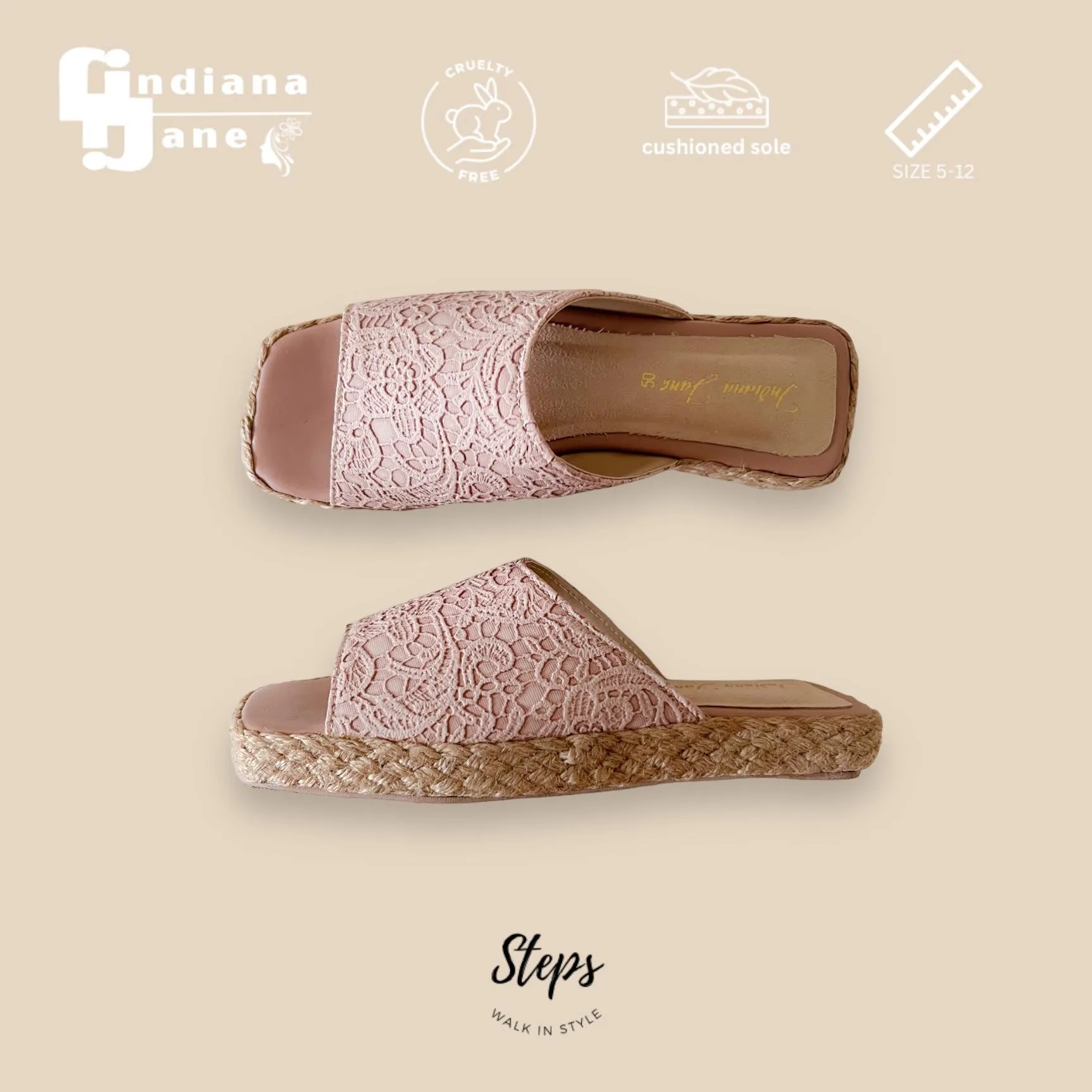 MITHI Leather Abaca Platform Slides with Lace Texture