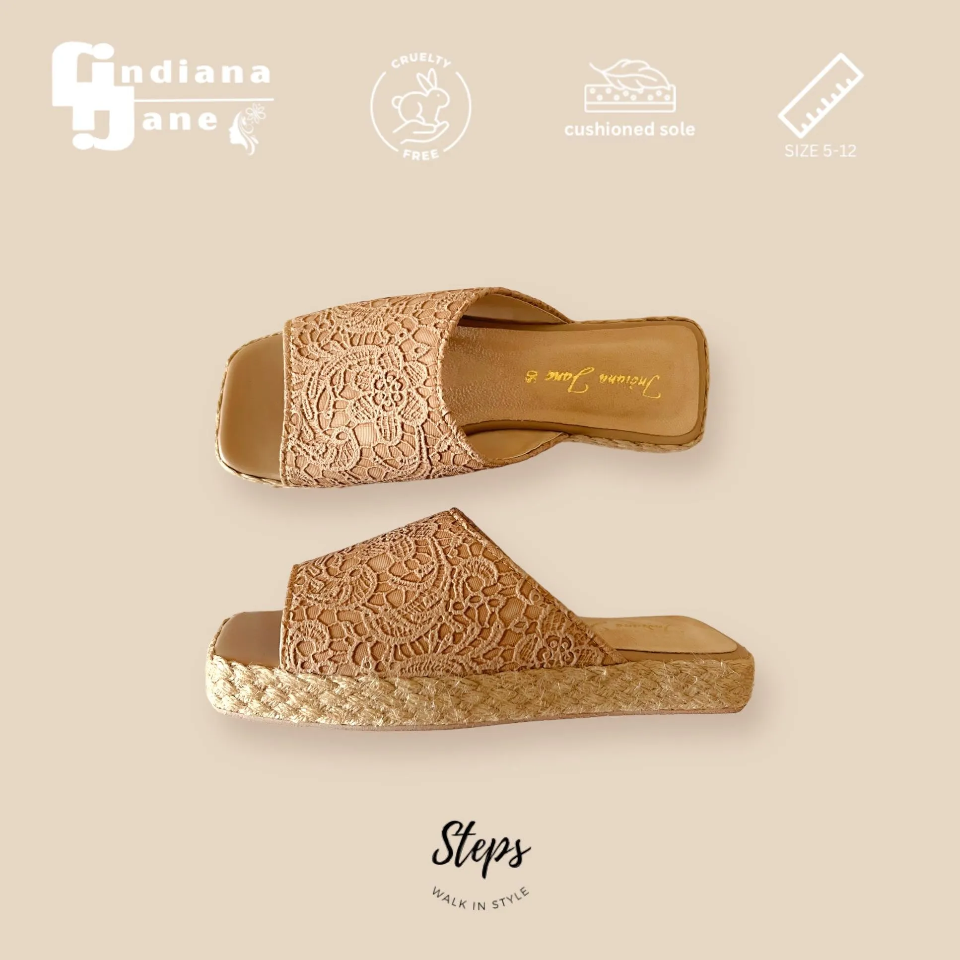 MITHI Leather Abaca Platform Slides with Lace Texture