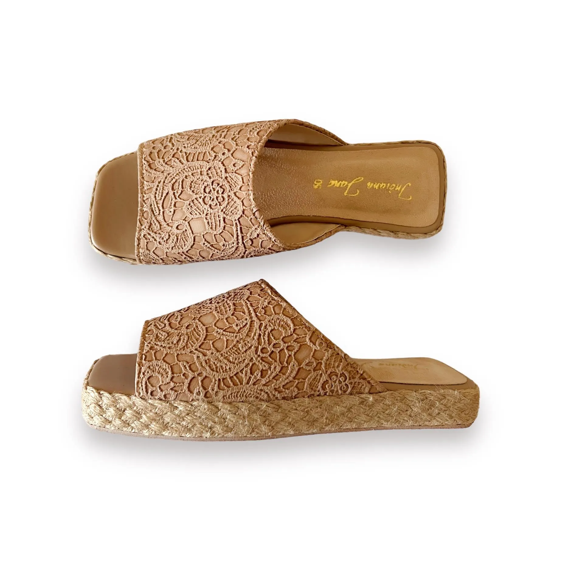 MITHI Leather Abaca Platform Slides with Lace Texture