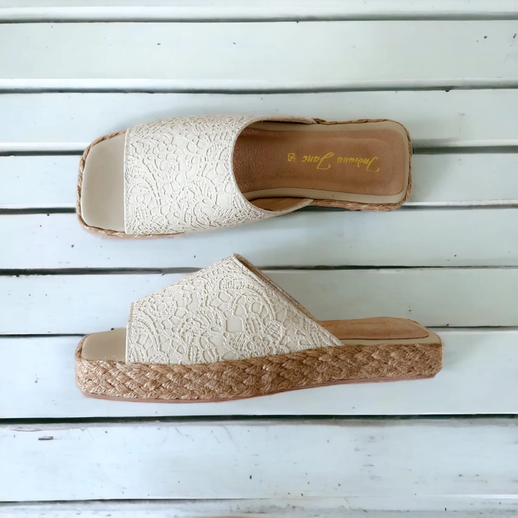 MITHI Leather Abaca Platform Slides with Lace Texture