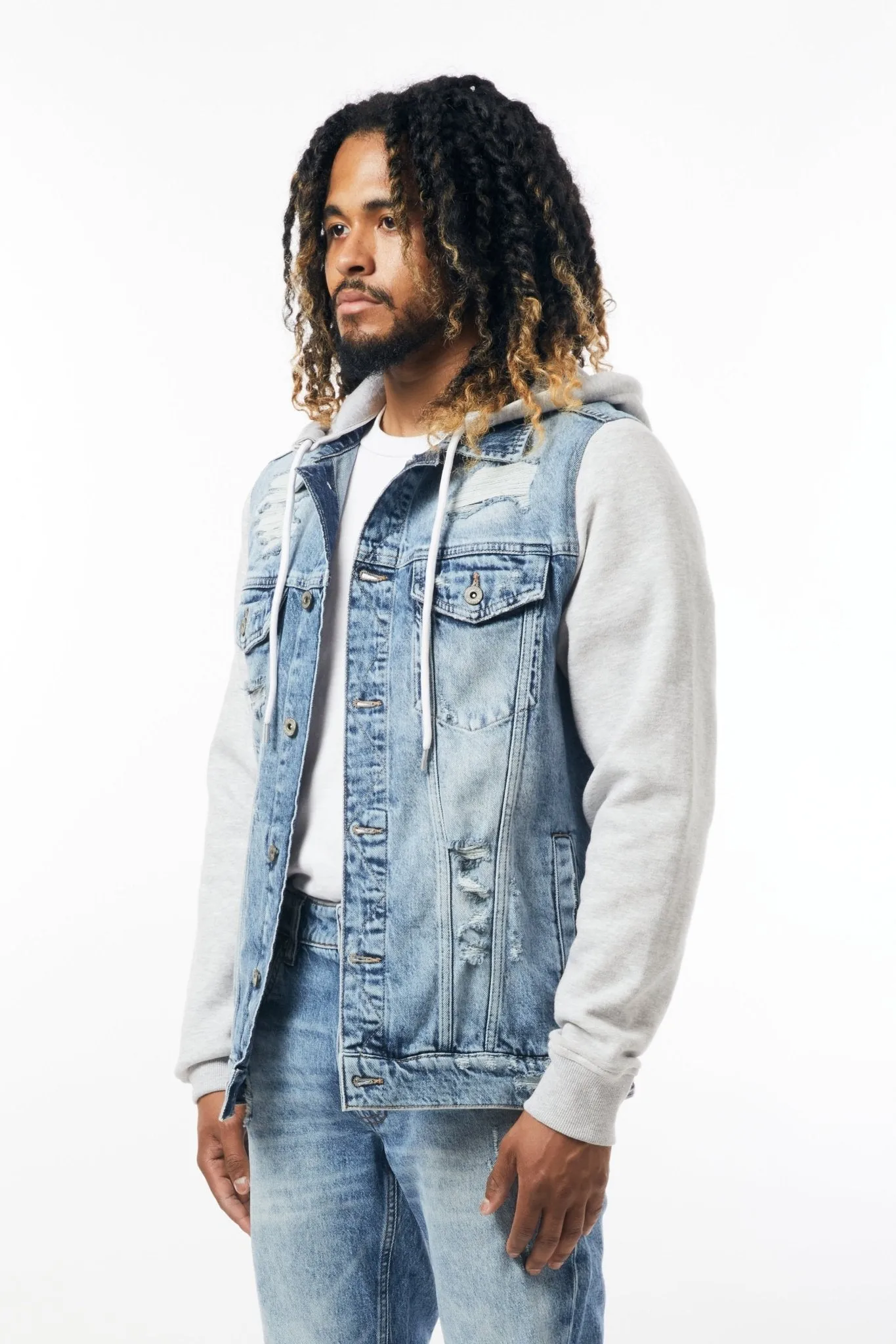 M.Society Denim Jacket with Fleece Hood in Light Blue