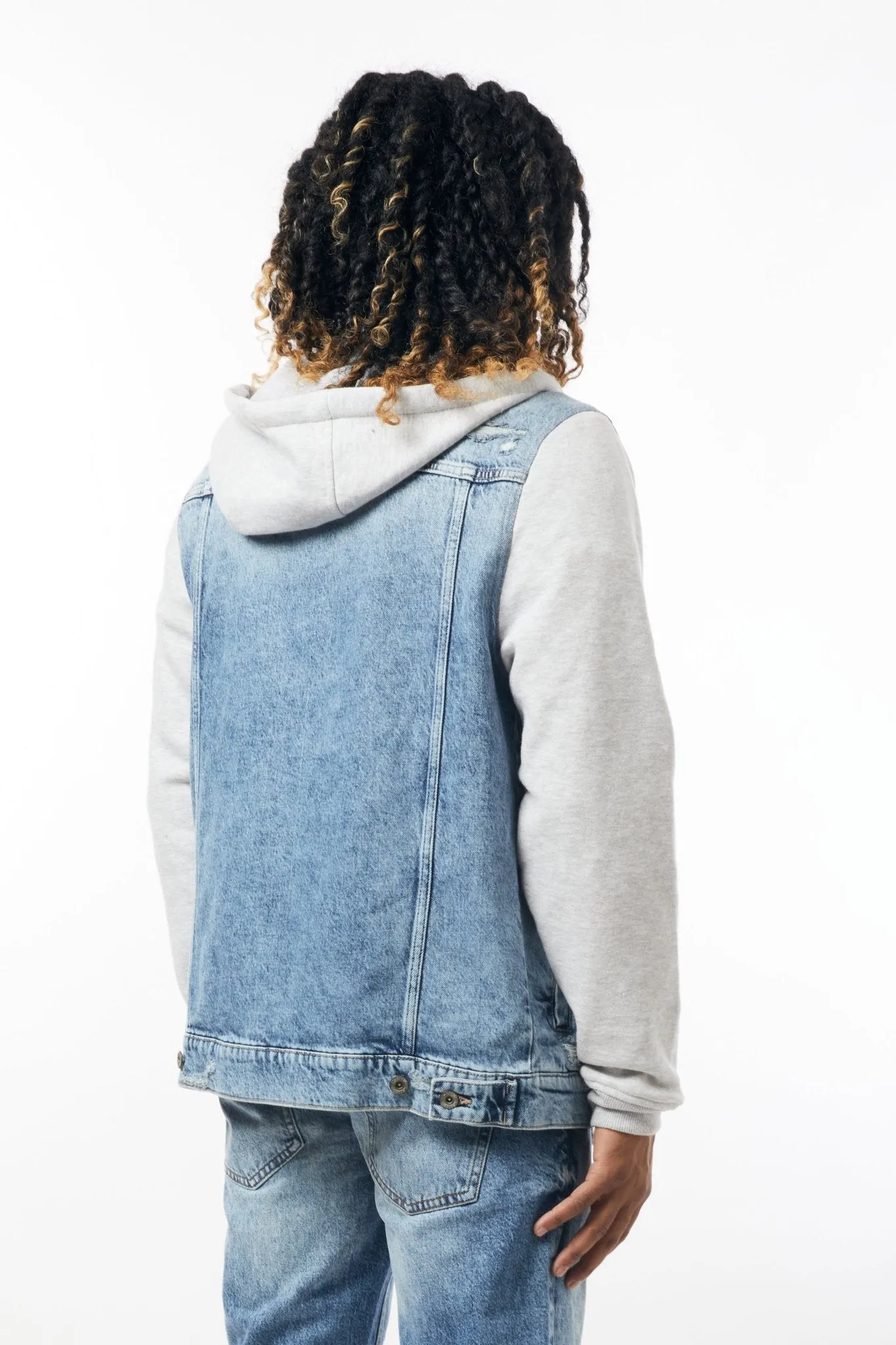 M.Society Denim Jacket with Fleece Hood in Light Blue