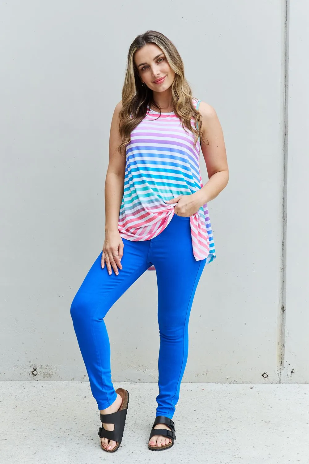 Multicolored Striped Sleeveless Round Neck Top - Love Yourself