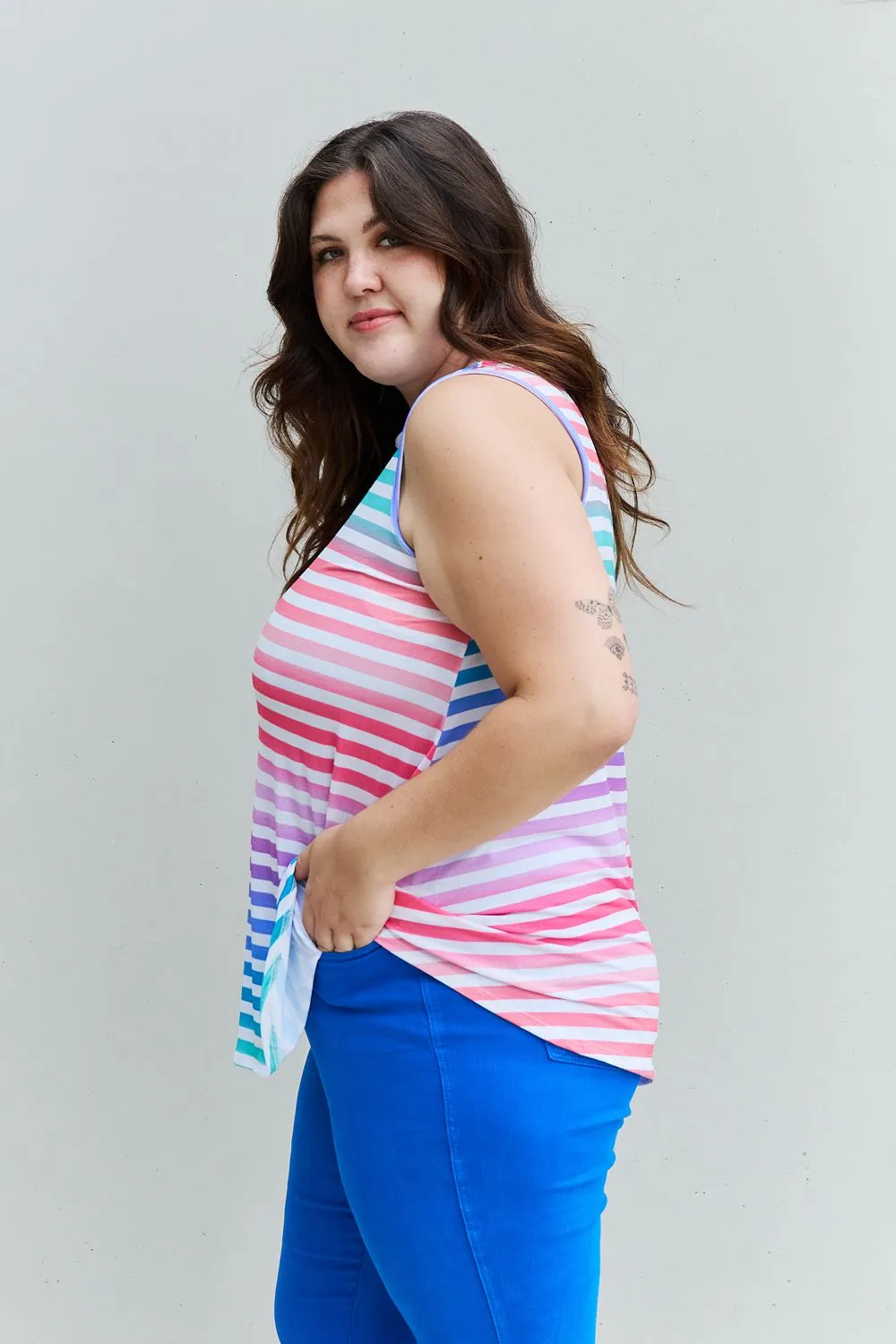 Multicolored Striped Sleeveless Round Neck Top - Love Yourself