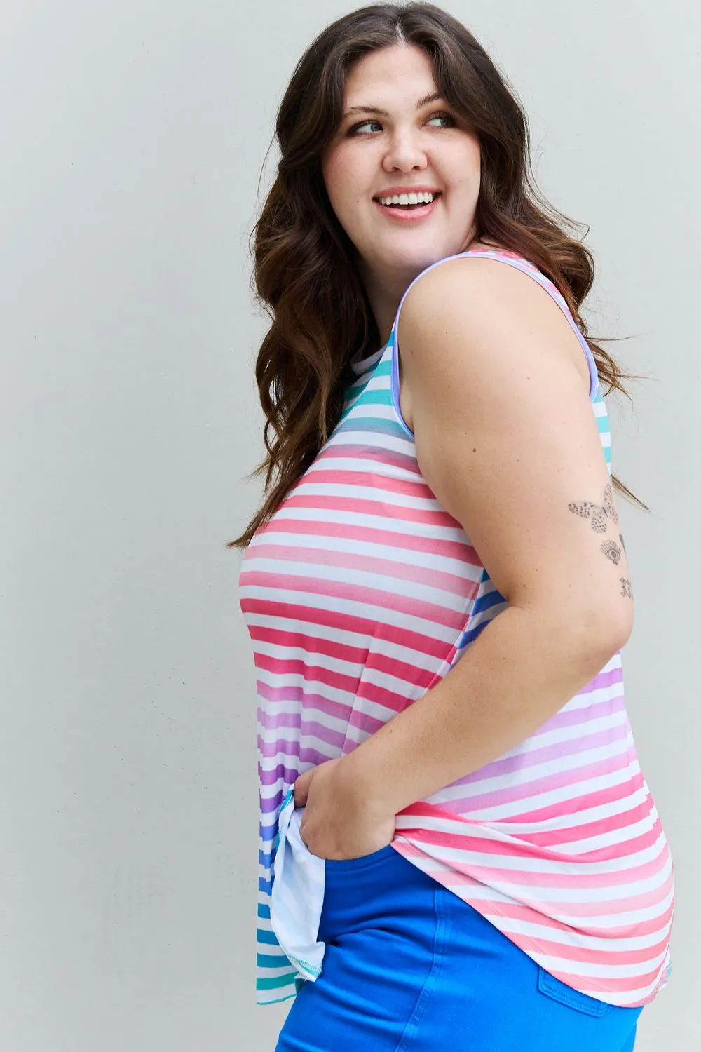 Multicolored Striped Sleeveless Round Neck Top - Love Yourself