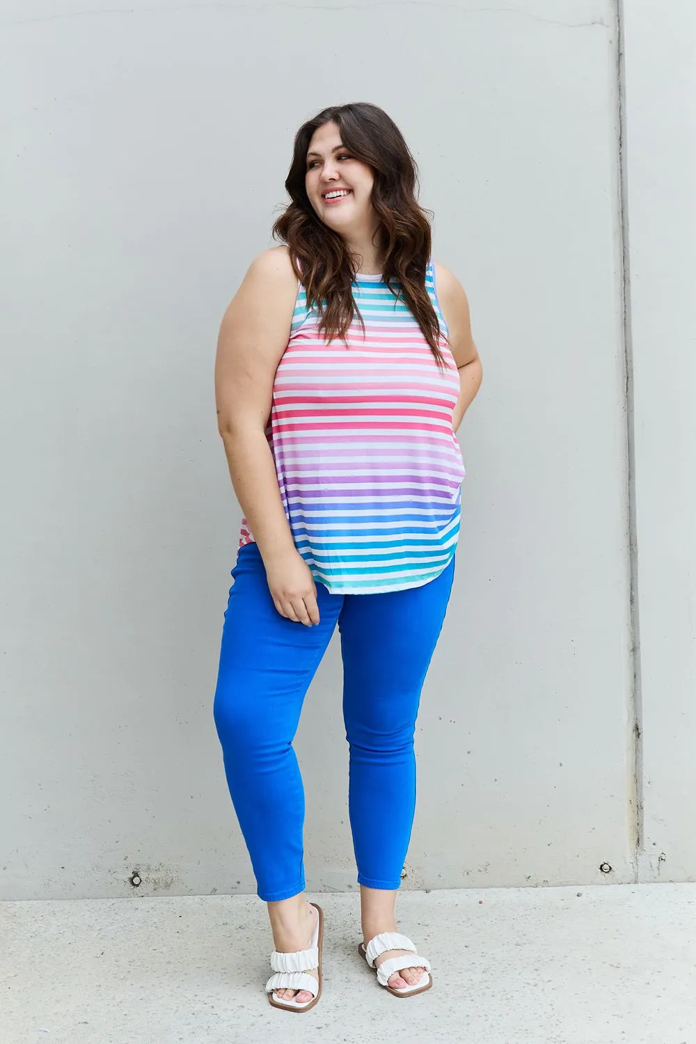 Multicolored Striped Sleeveless Round Neck Top - Love Yourself