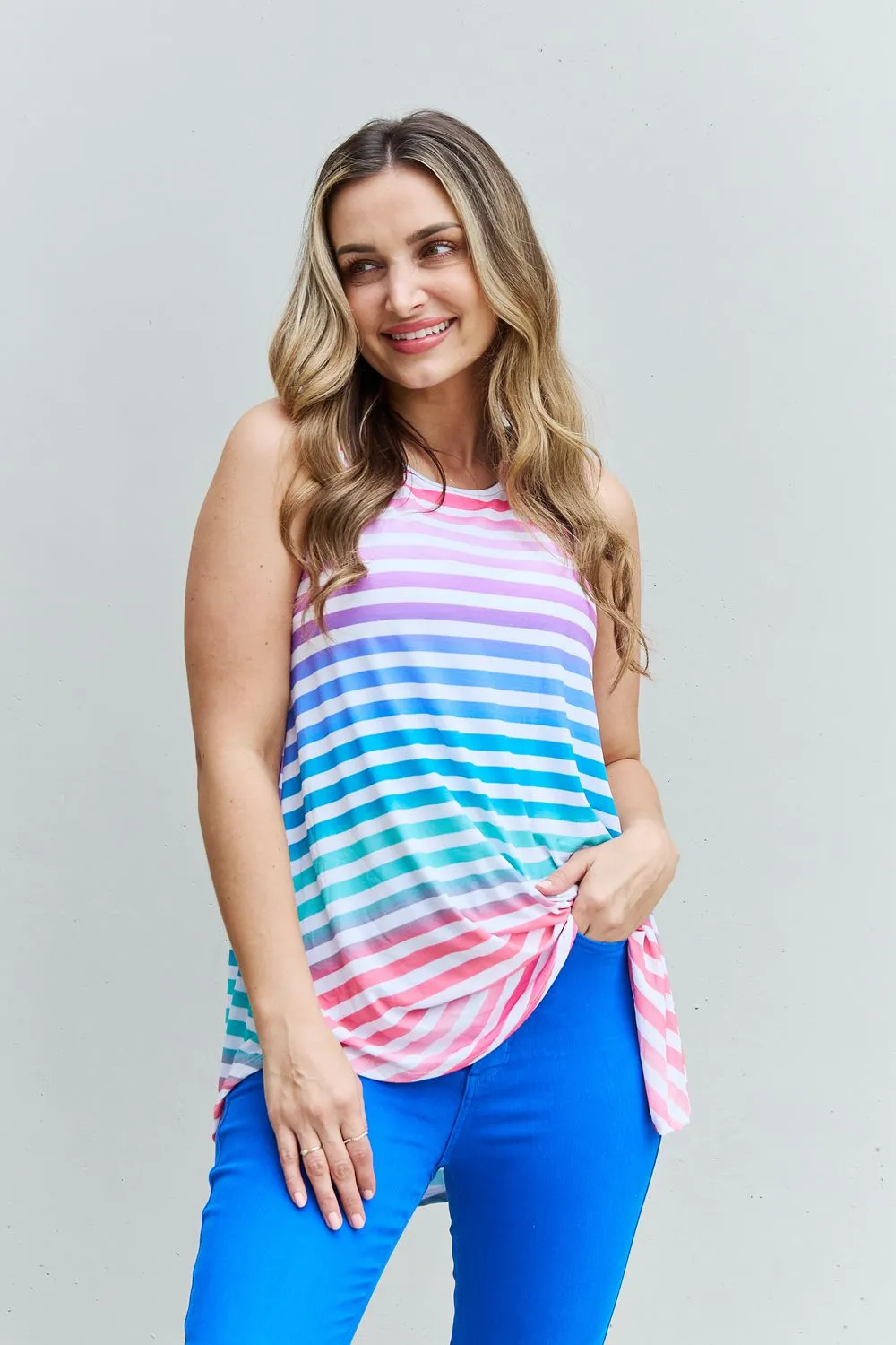 Multicolored Striped Sleeveless Round Neck Top - Love Yourself