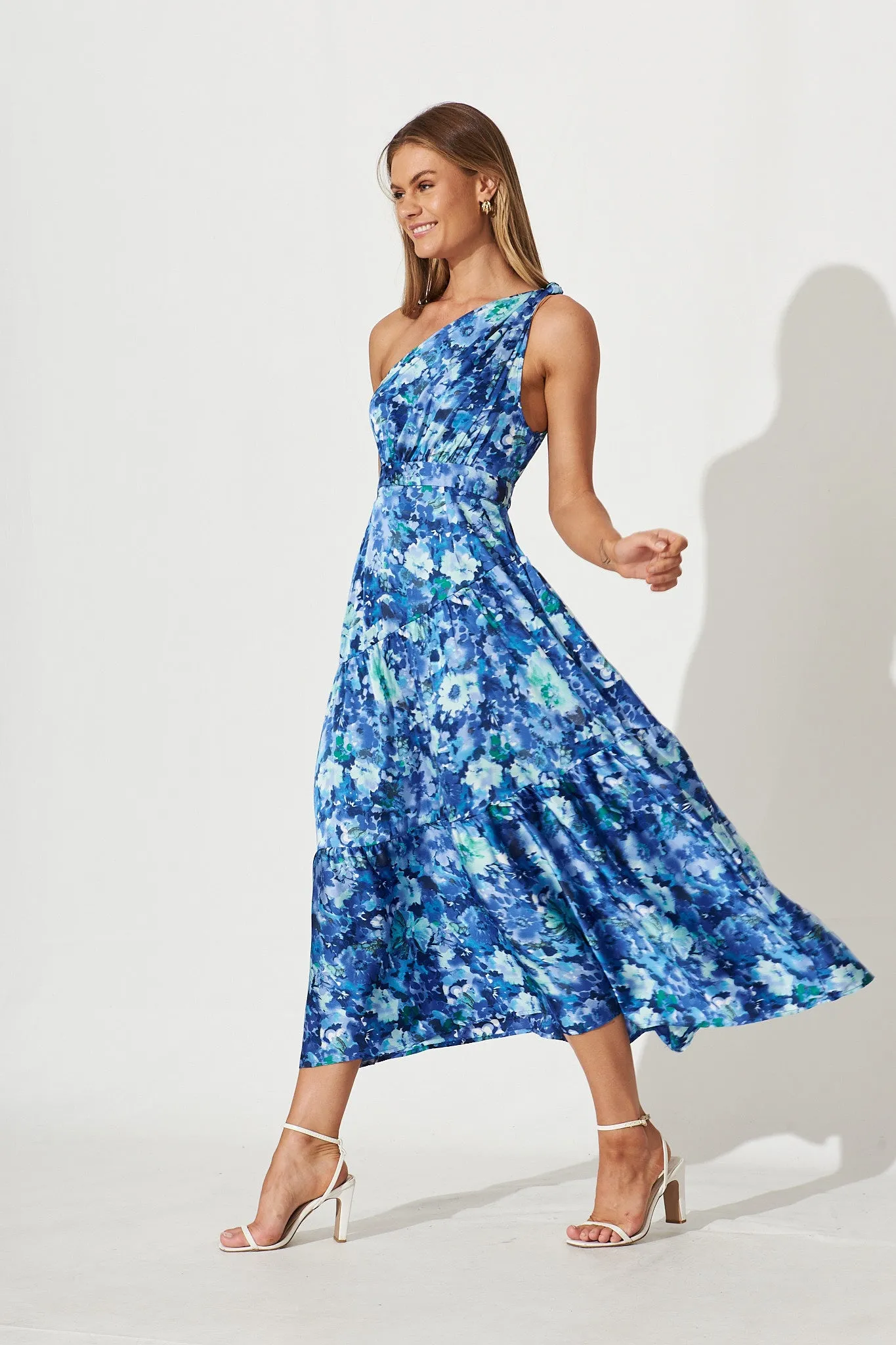 November Rain One Shoulder Maxi Dress In Blue Watercolour Floral Satin