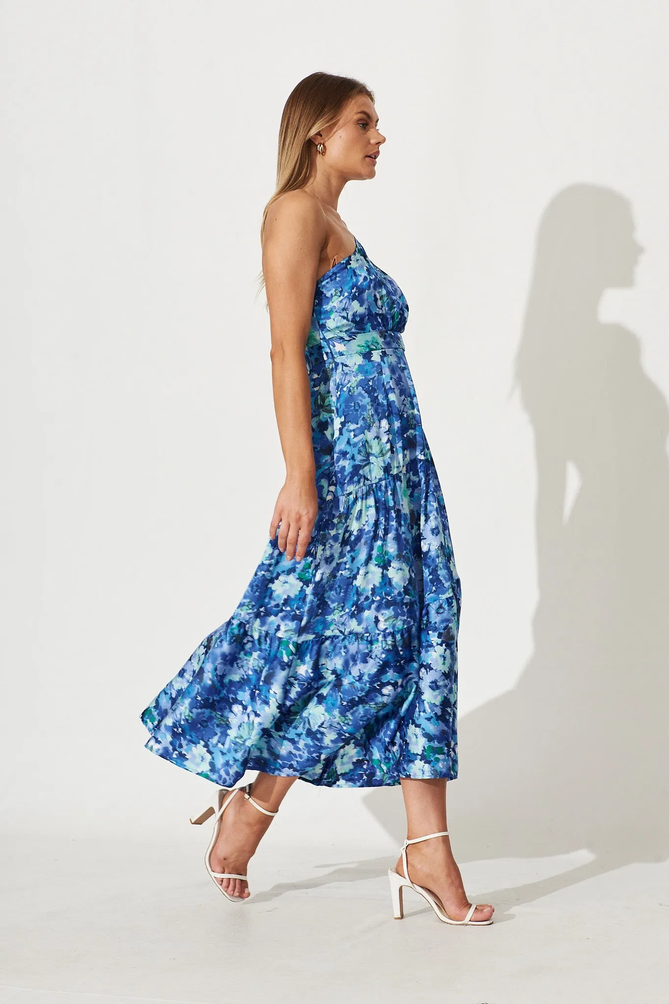 November Rain One Shoulder Maxi Dress In Blue Watercolour Floral Satin