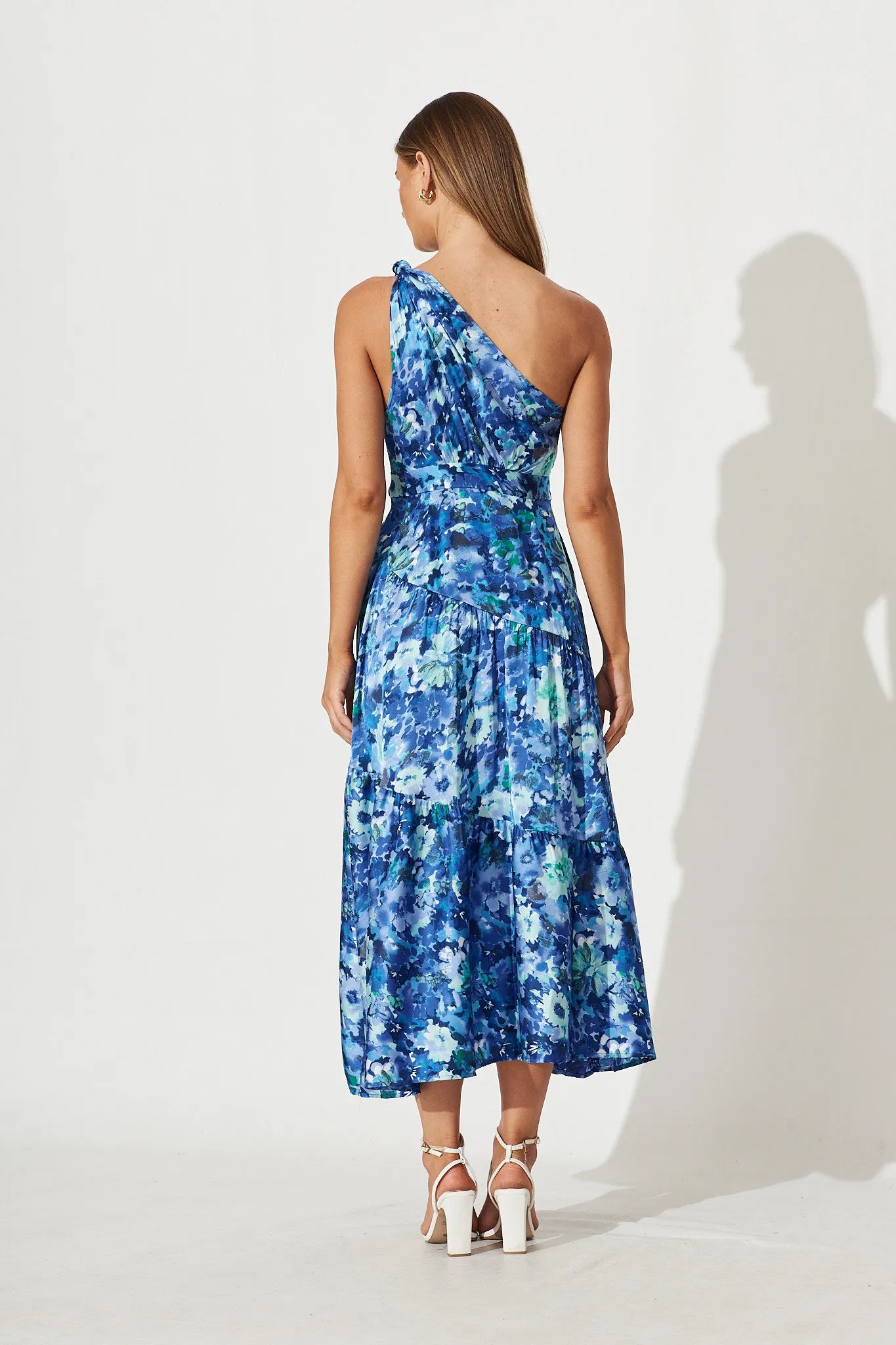 November Rain One Shoulder Maxi Dress In Blue Watercolour Floral Satin