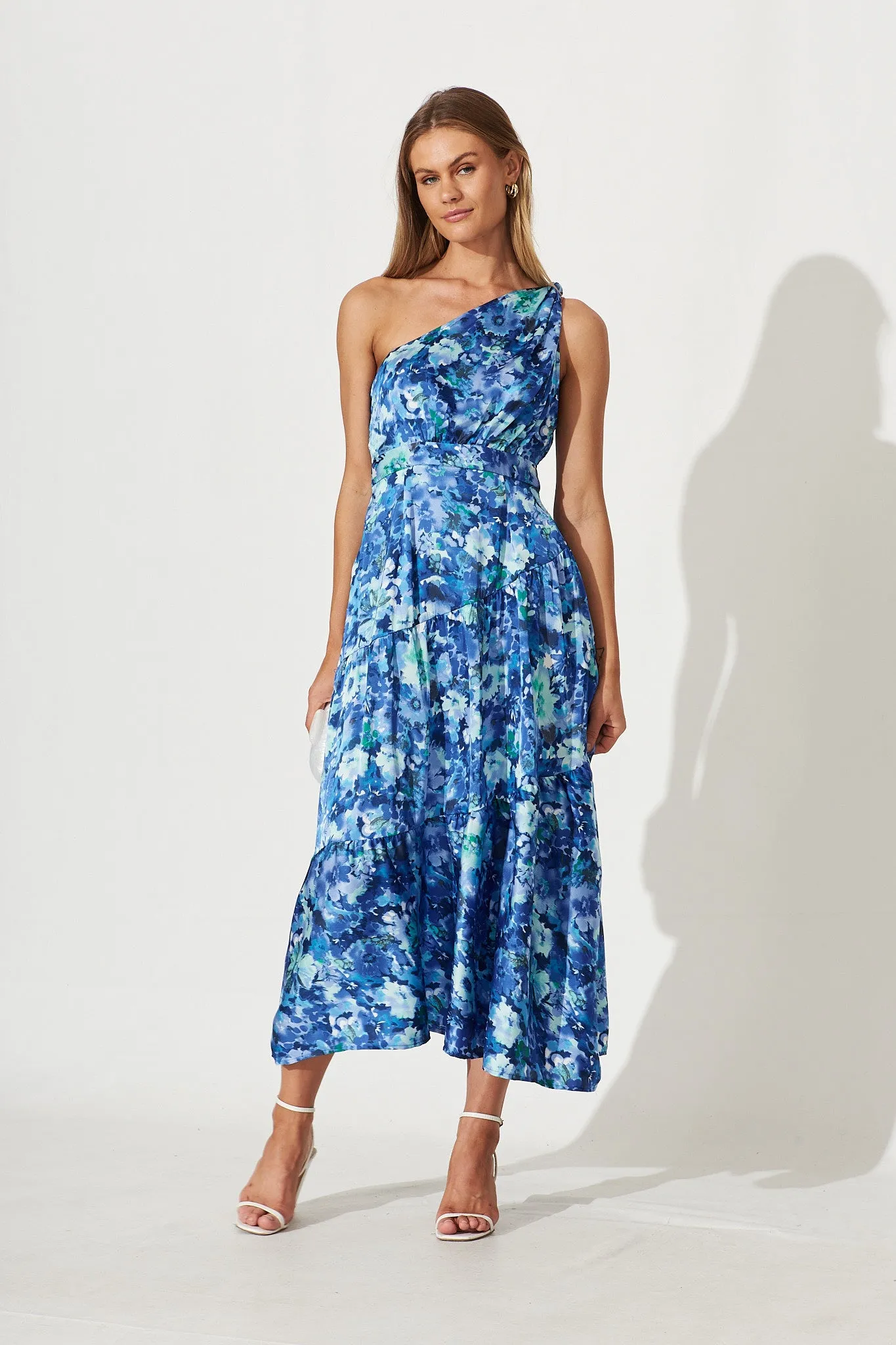 November Rain One Shoulder Maxi Dress In Blue Watercolour Floral Satin