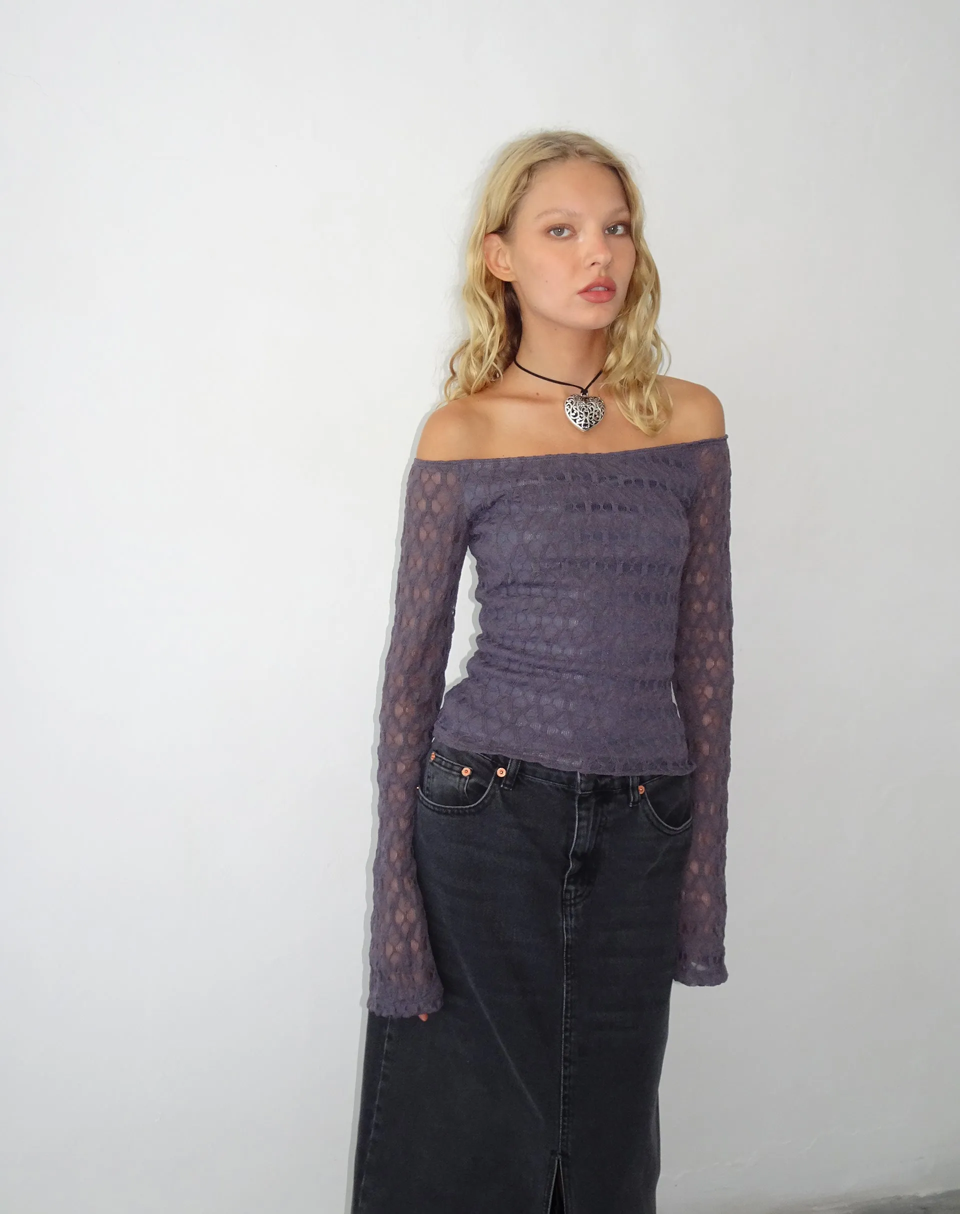 Ocean Storm Textured Knit Neira Long Sleeve Bardot Top