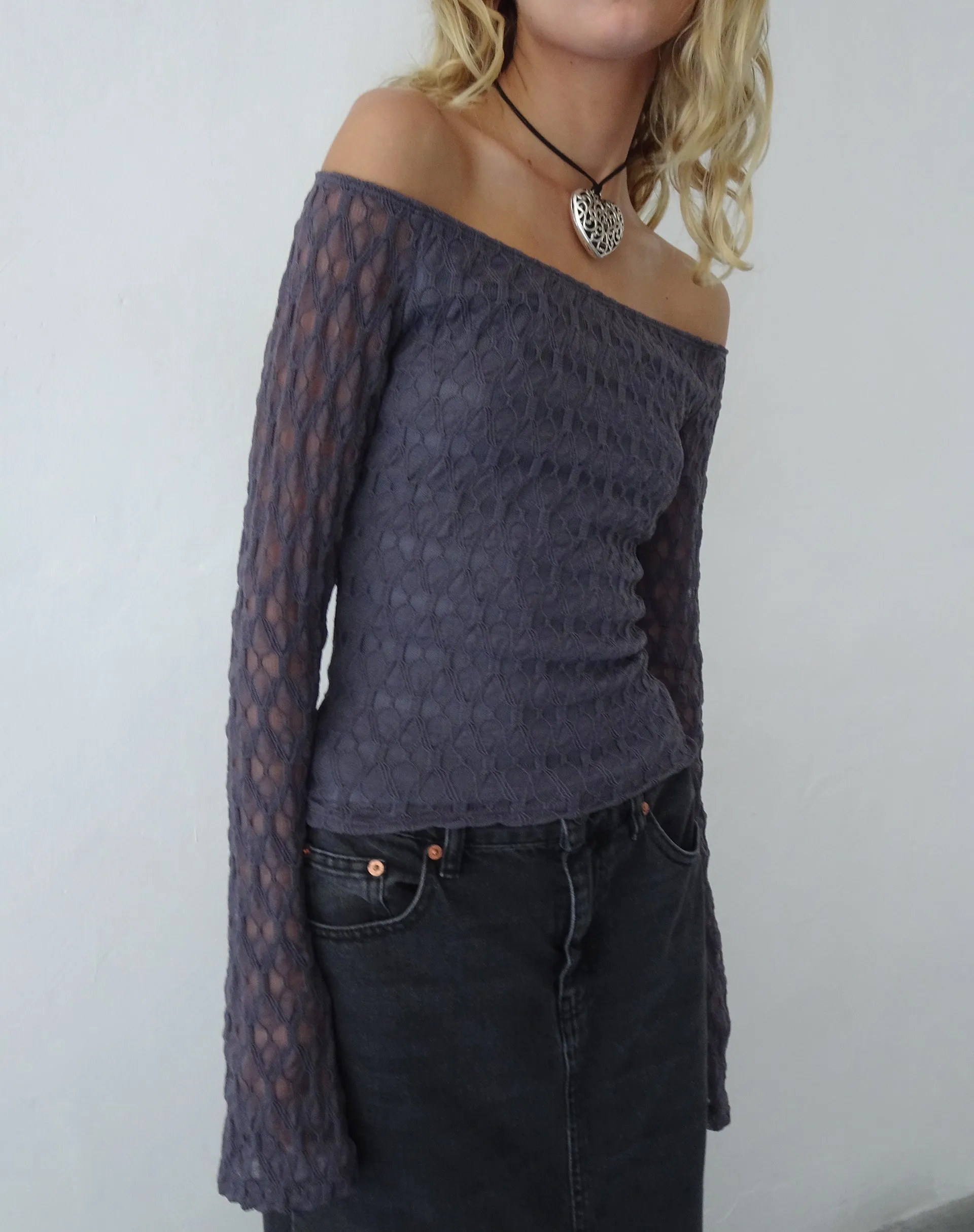 Ocean Storm Textured Knit Neira Long Sleeve Bardot Top