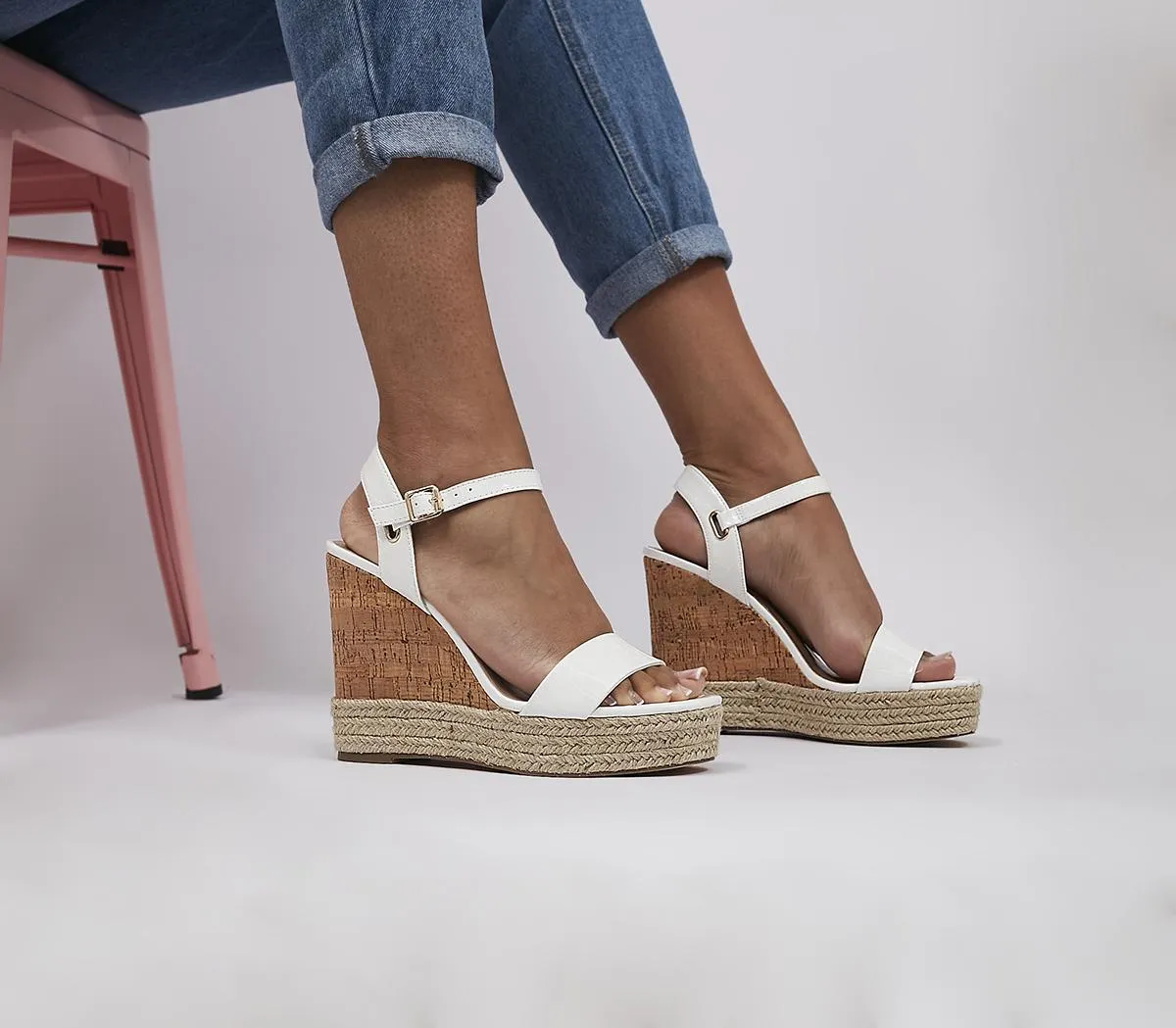 OFFICE Heated Cork Wedge Espadrilles White