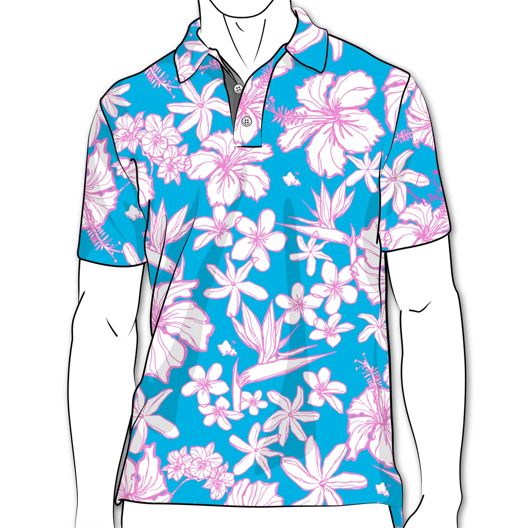 OGA Men's Polo Shirt - Sketchy Flora Pattern - Cotton Candy