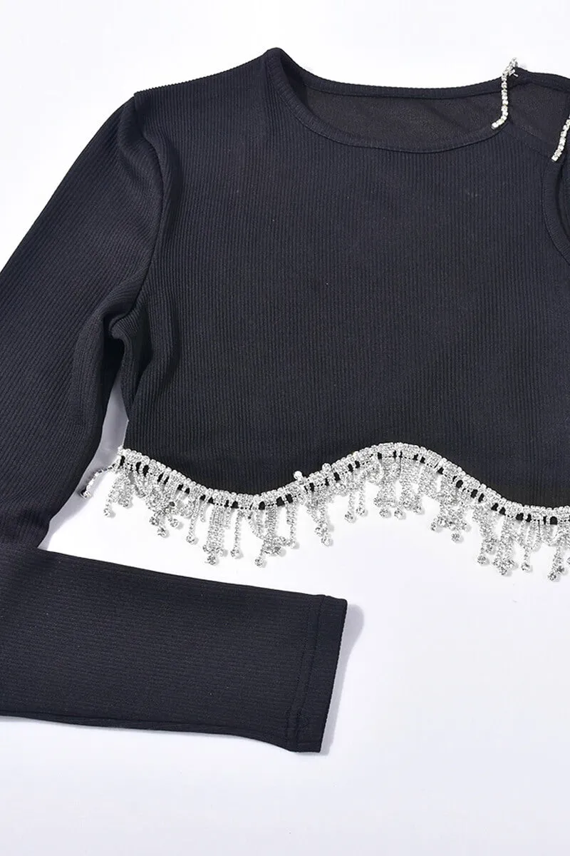 Stylish Rhinestone Fringe Crop Top with One Shoulder