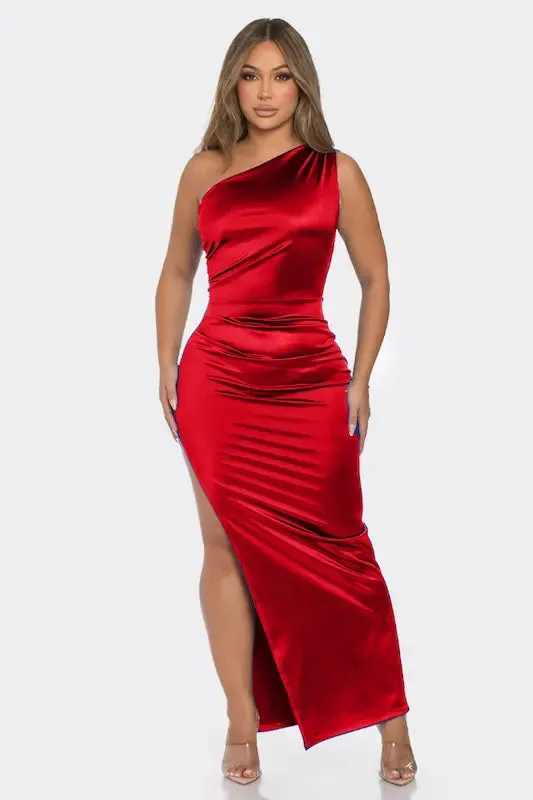 One Shoulder Slit Satin Dress