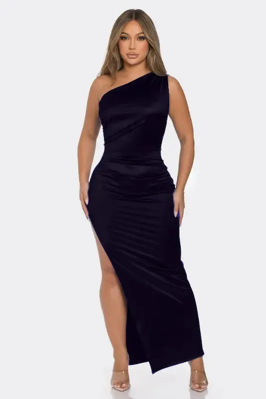 One Shoulder Slit Satin Dress