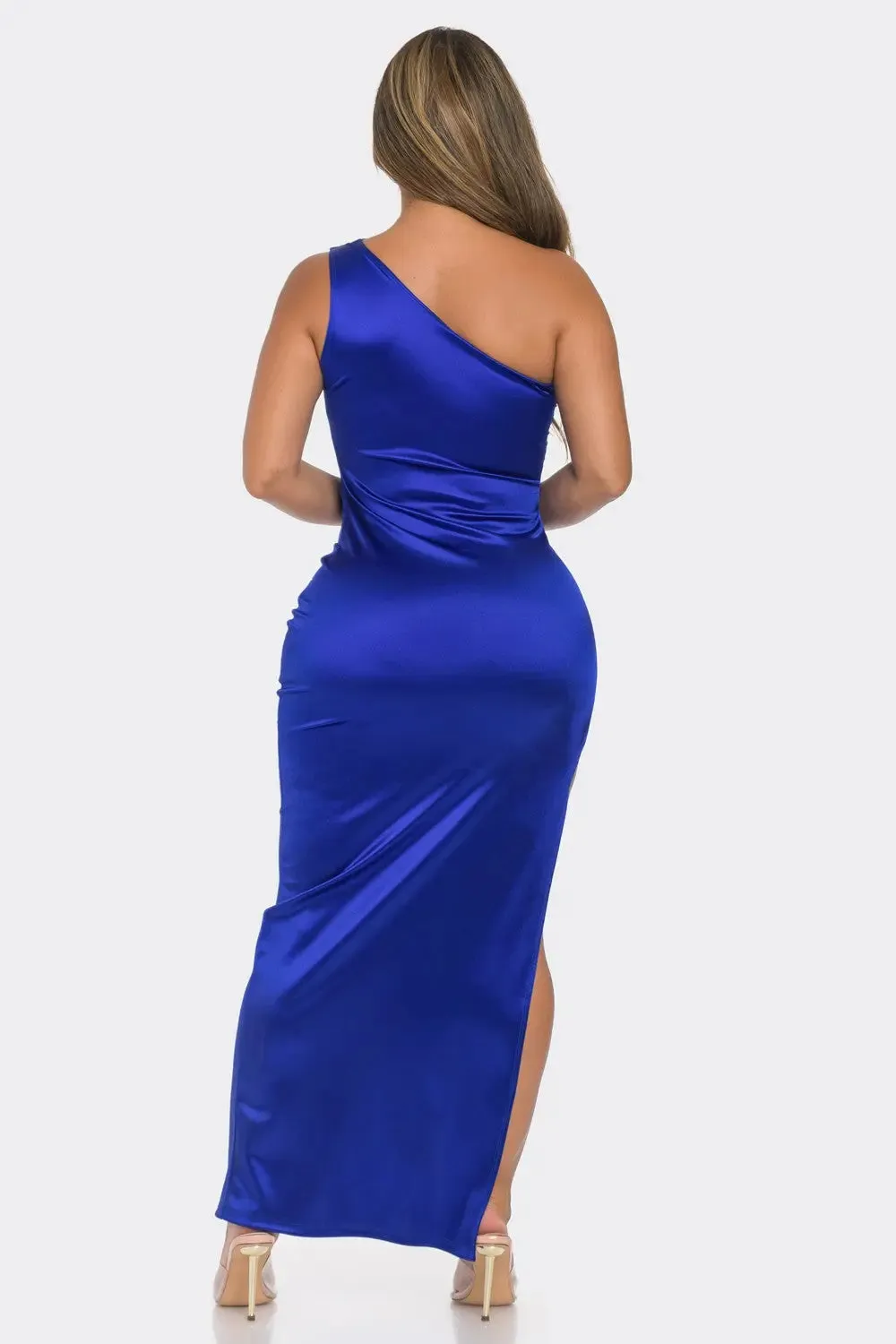 One Shoulder Slit Satin Dress