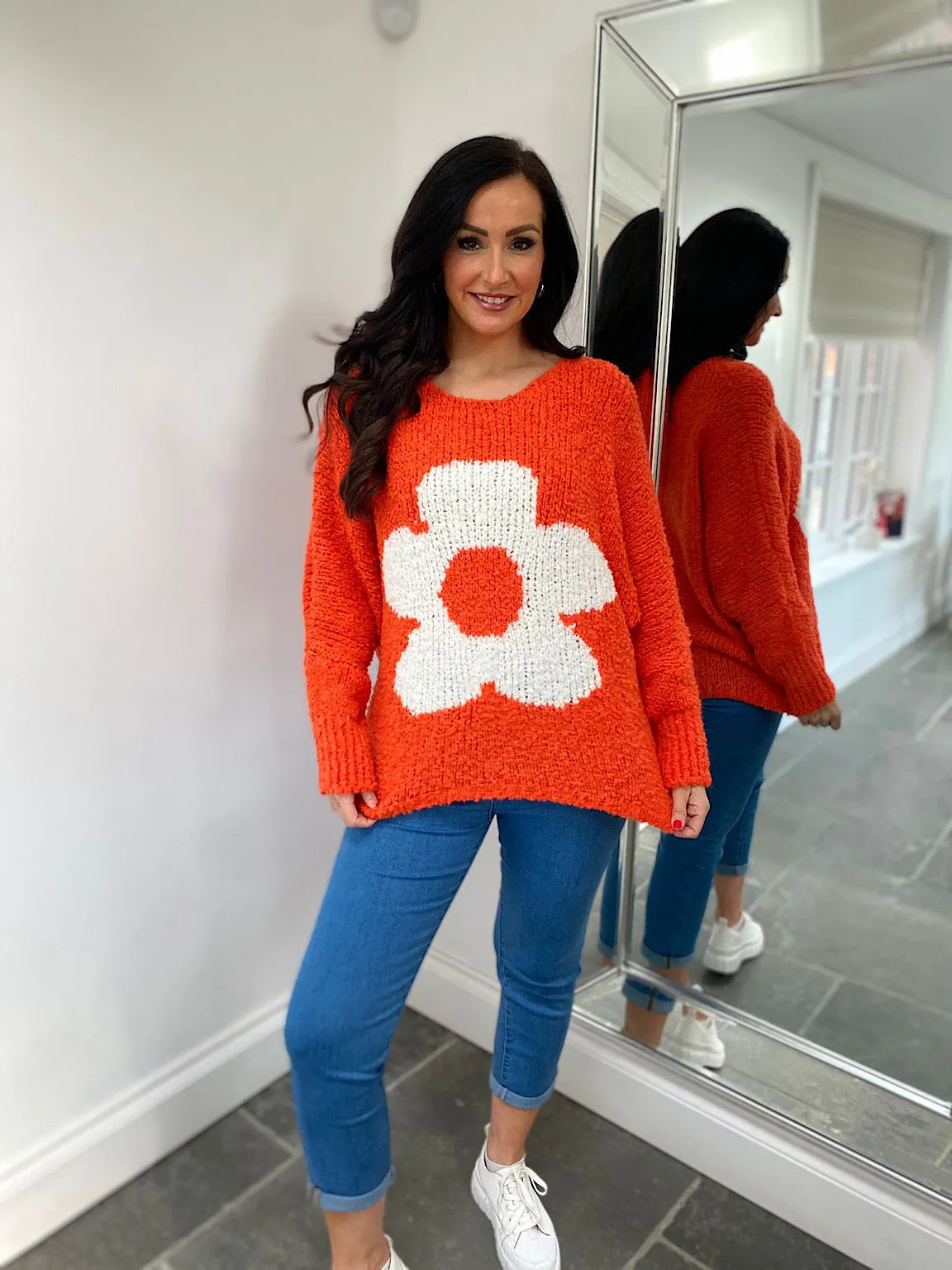 Orange Floral Knit Jumper Delilah Popcorn