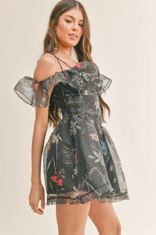 Off Shoulder Organza Print Dress