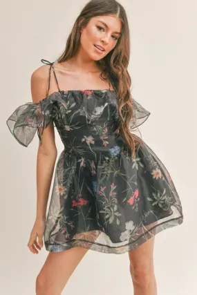 Off Shoulder Organza Print Dress