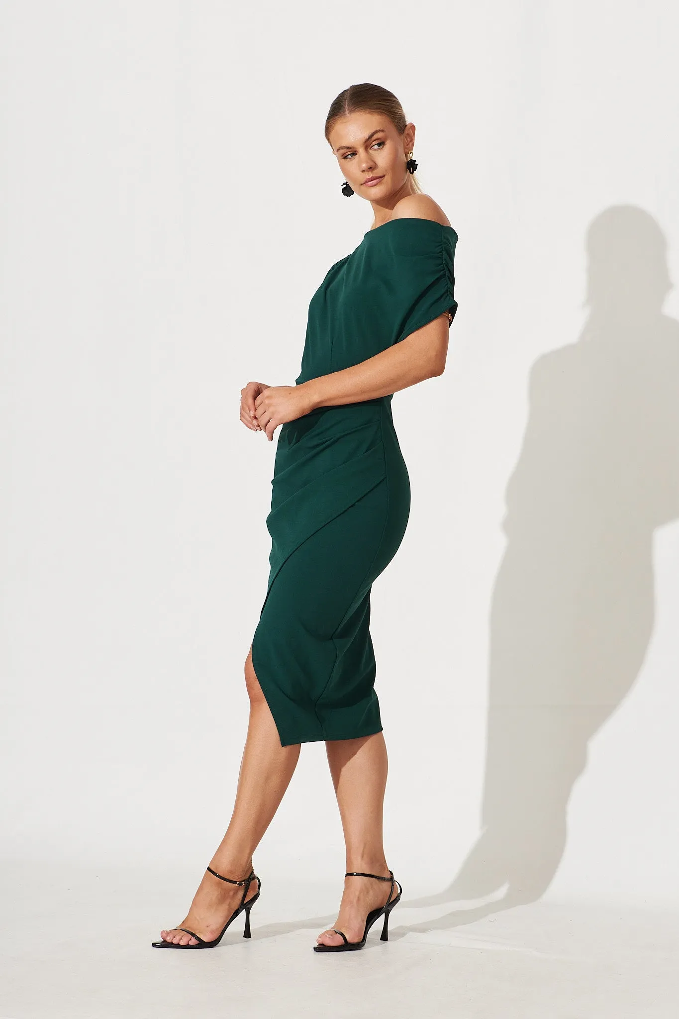 Phoenix Off Shoulder Midi Dress In Emerald