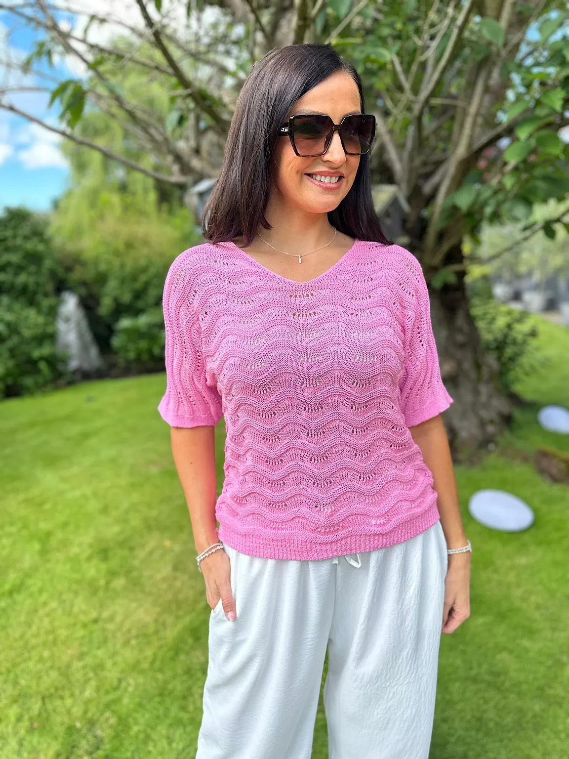 Pink Wavy Knit Short Sleeve Sharon