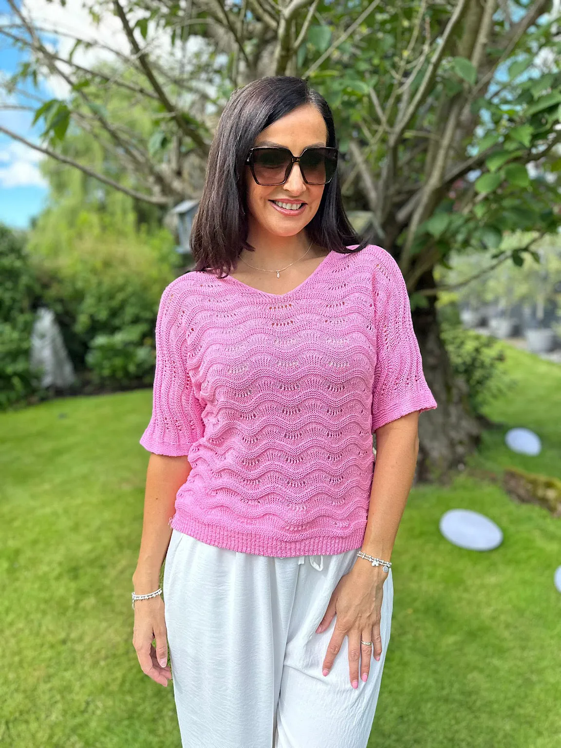 Pink Wavy Knit Short Sleeve Sharon