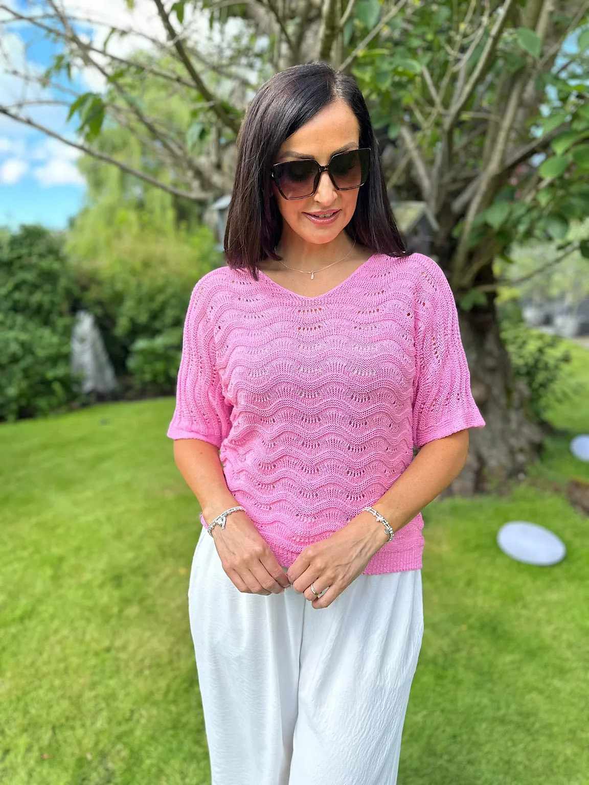 Pink Wavy Knit Short Sleeve Sharon