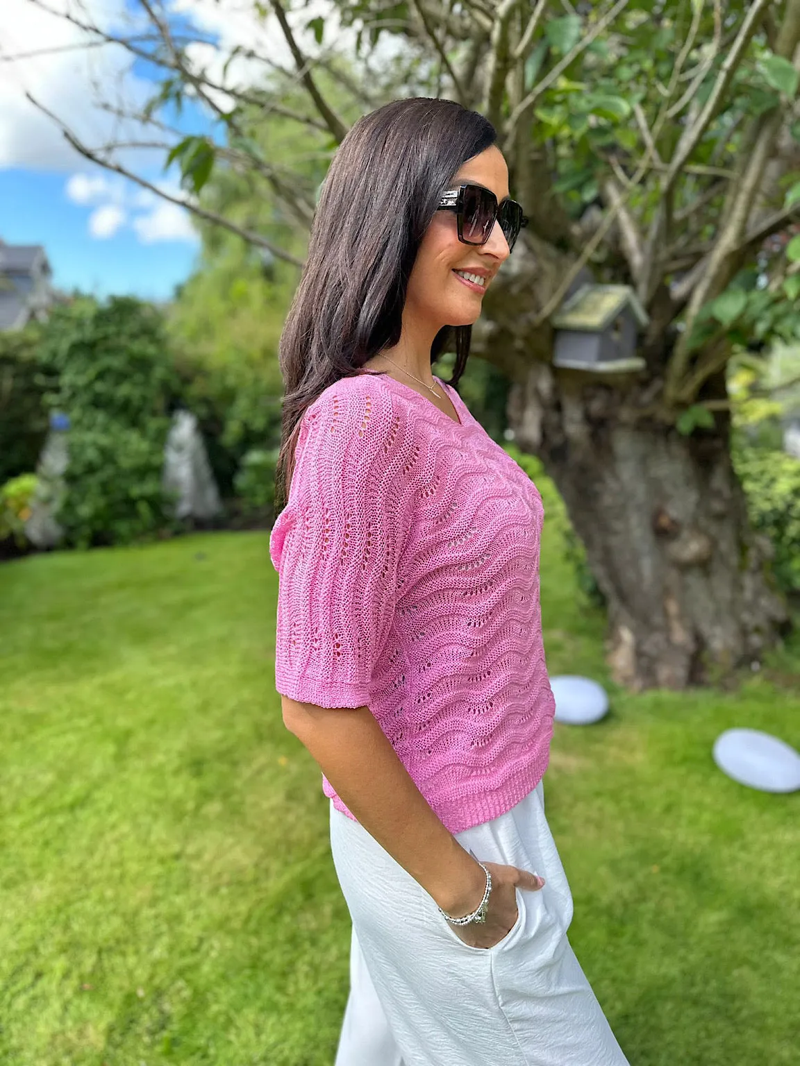 Pink Wavy Knit Short Sleeve Sharon