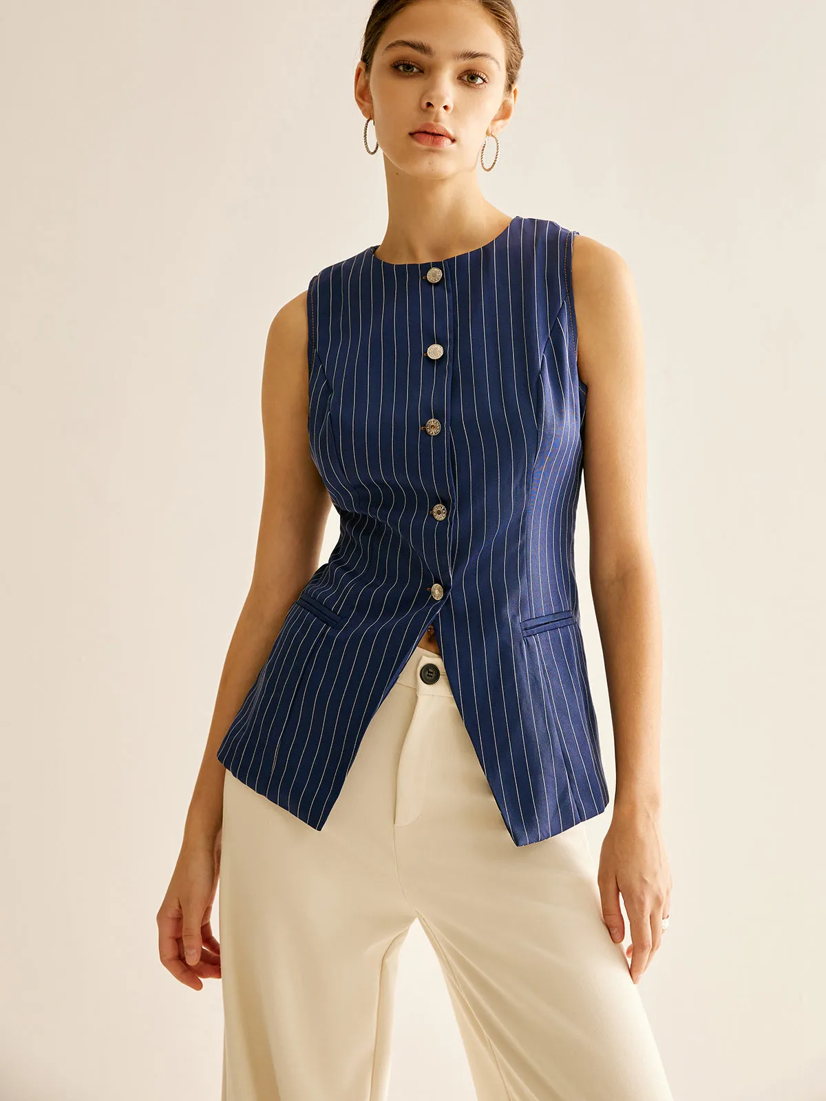 Pinstripe Button Sleeveless Shirt