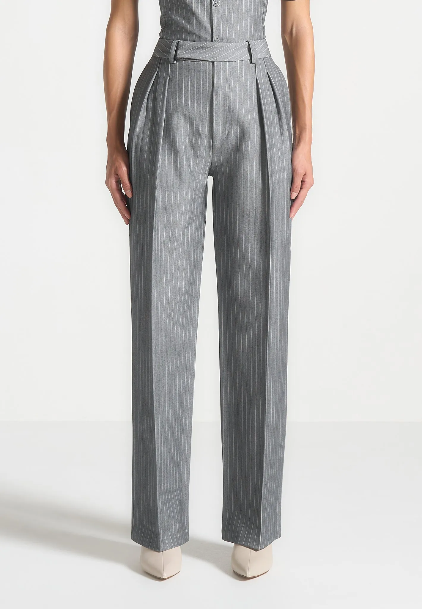 Pinstripe Twin Pleat Tailored Trousers - Grey