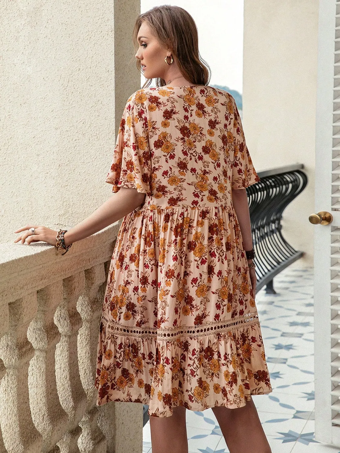 Floral Crochet Flutter Sleeve Plus Size Dress