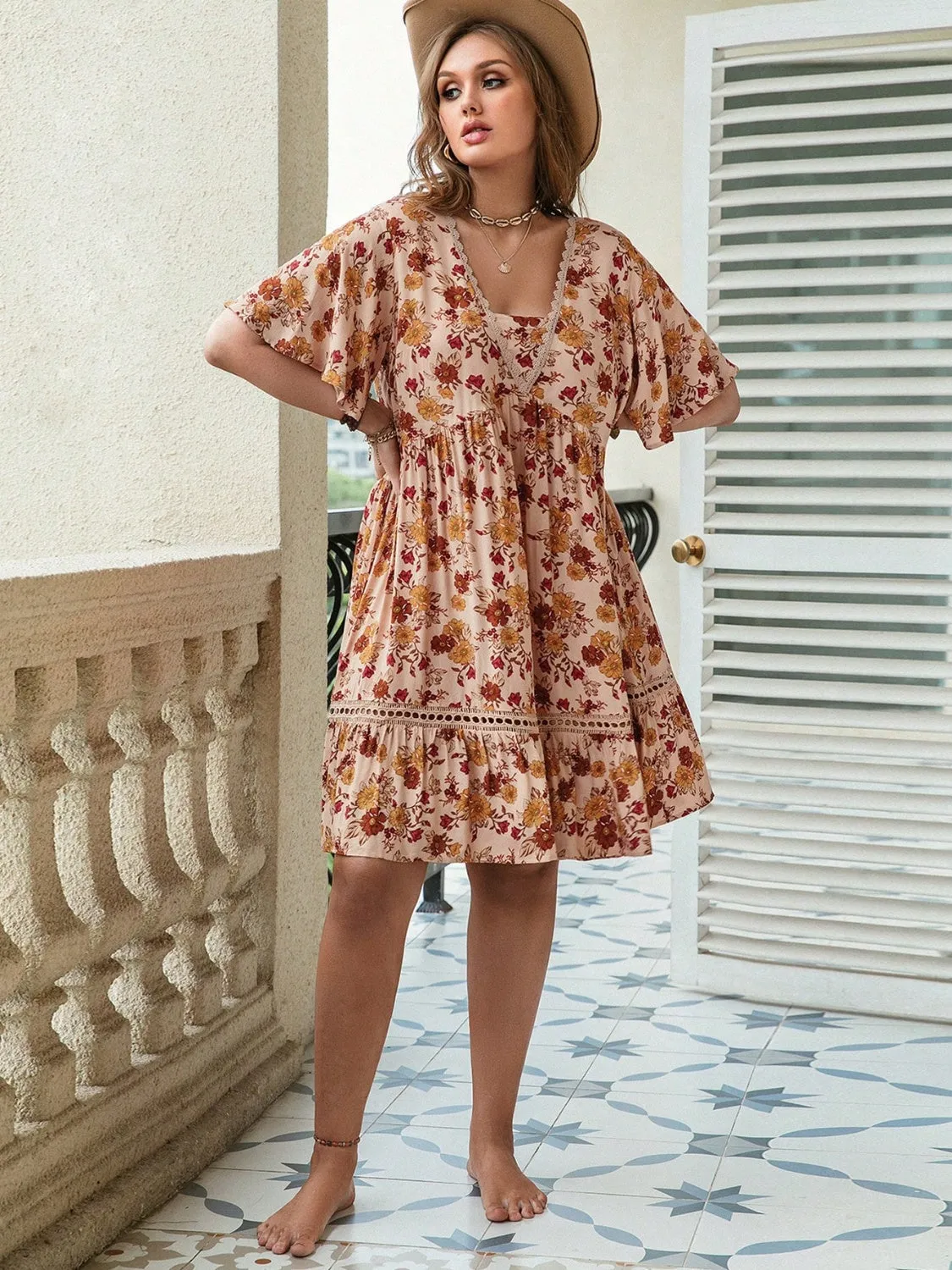 Floral Crochet Flutter Sleeve Plus Size Dress