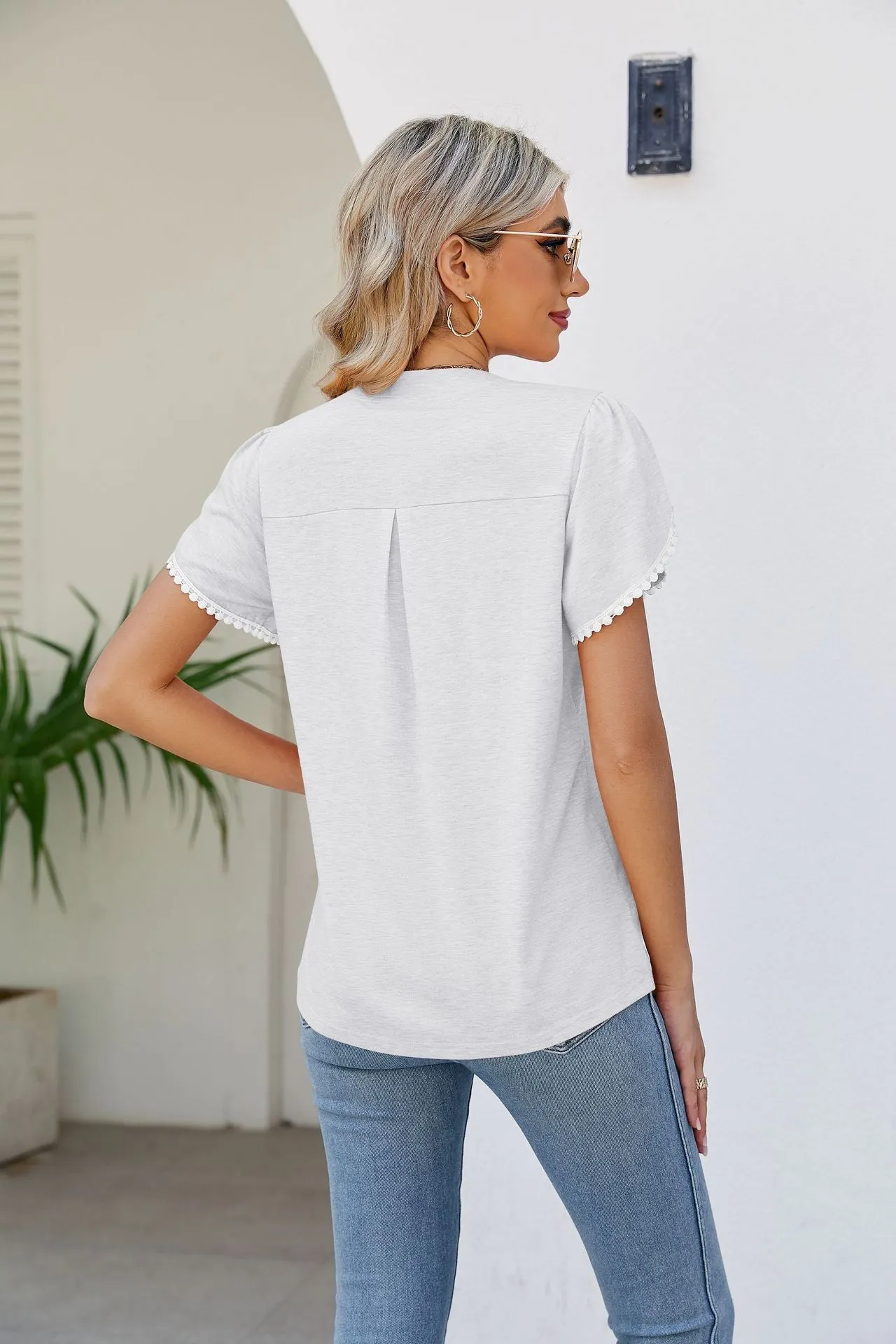 Petal Sleeve Top with Pom-Pom Trim, Notched Neck
