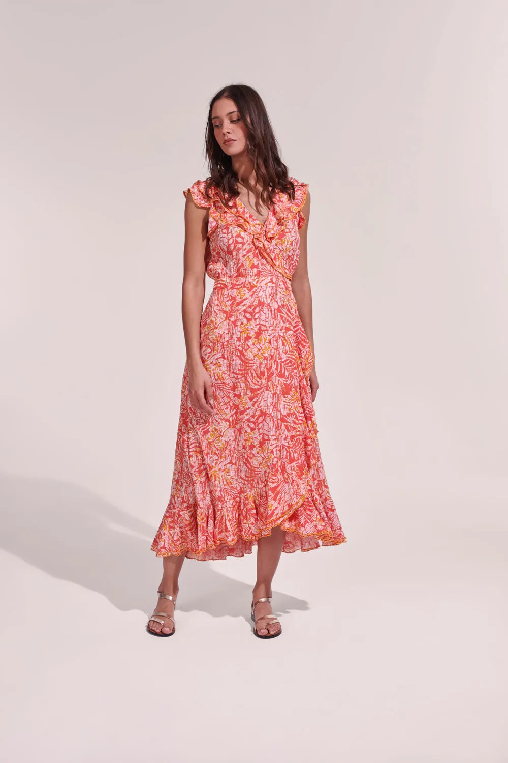 Poupette St. Barth Orange Tropical Midi Dress Aude