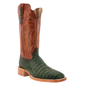 Men's Olive Green Square Toe Boots - Nubuck Caiman Belly 13 Wide