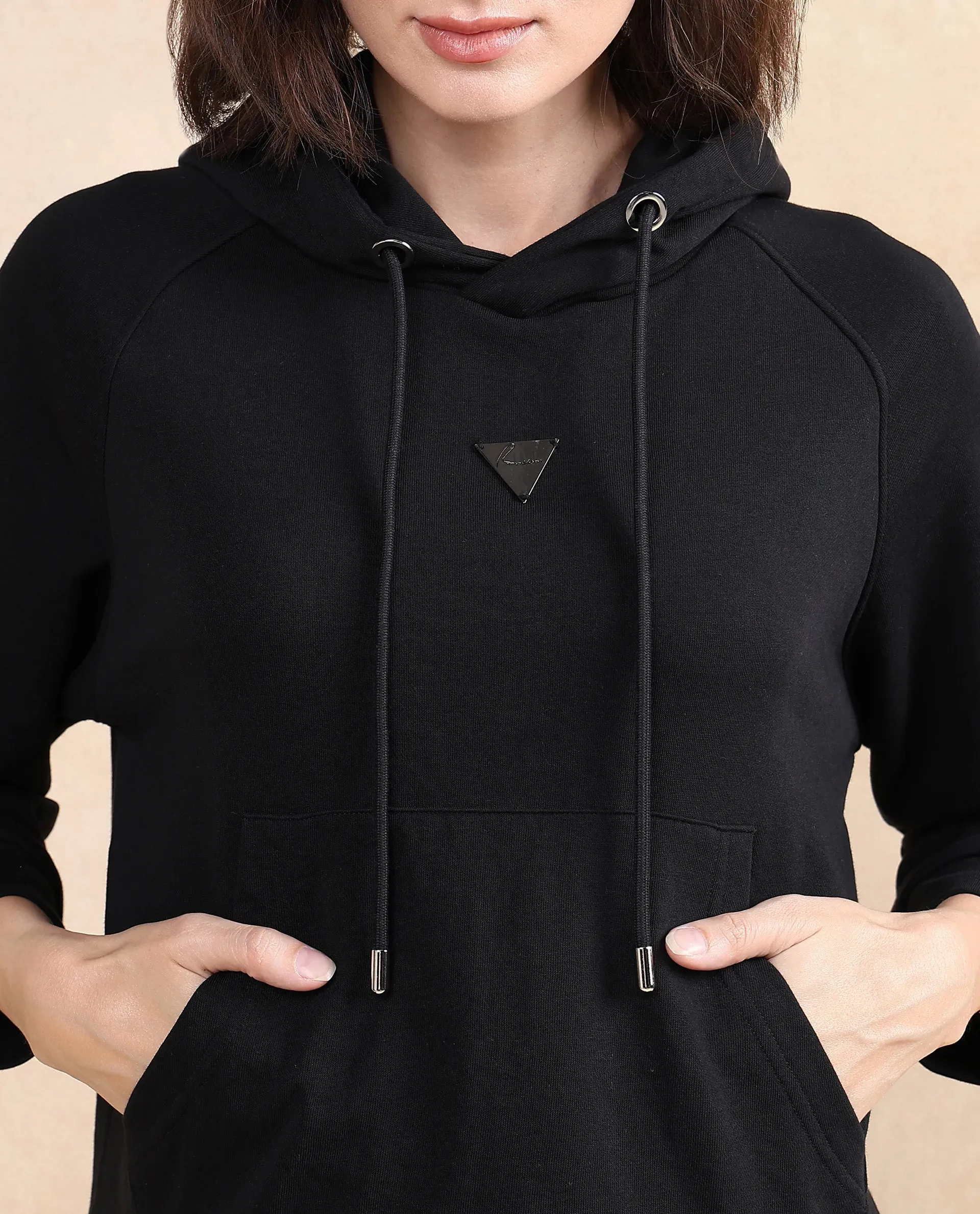 Rareism Women Dae Black Cotton Blend Fabric Full Sleeve Hooded Zipper Closure Relaxed Fit Plain Sweatshirt